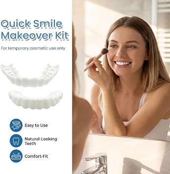 Adjustable Instant Temporary Veneers, Natural Upper Lower False Teeth Cosmetic Cover for Men Women, Black