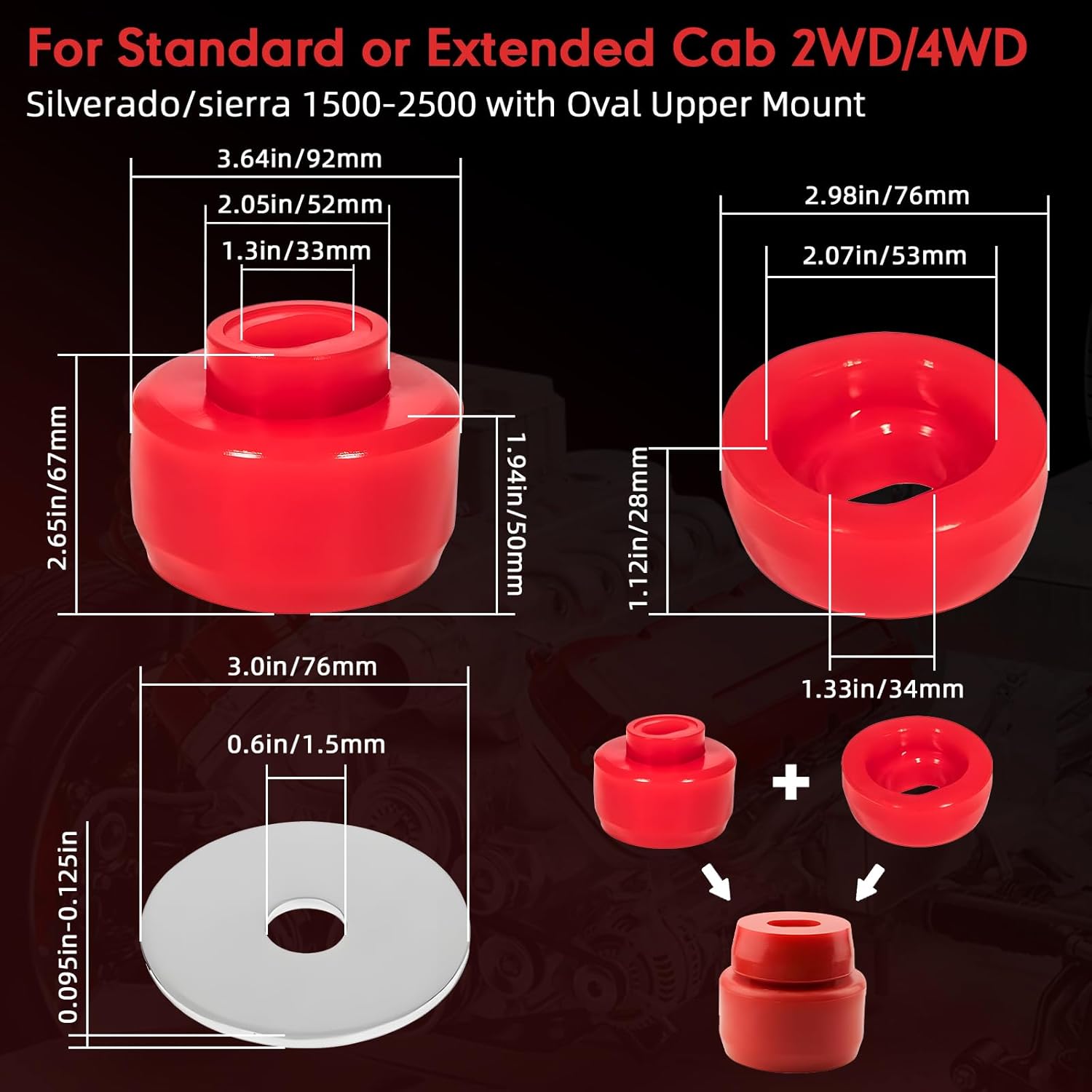 7-141 Body Cab Bushing Kits for 1999-2014 Chevy Silverado & Sierra 1500/2500 2WD/4WD Polyurethane Body Cab Mounts & Washers Superior Silicone (Red 24PCS)