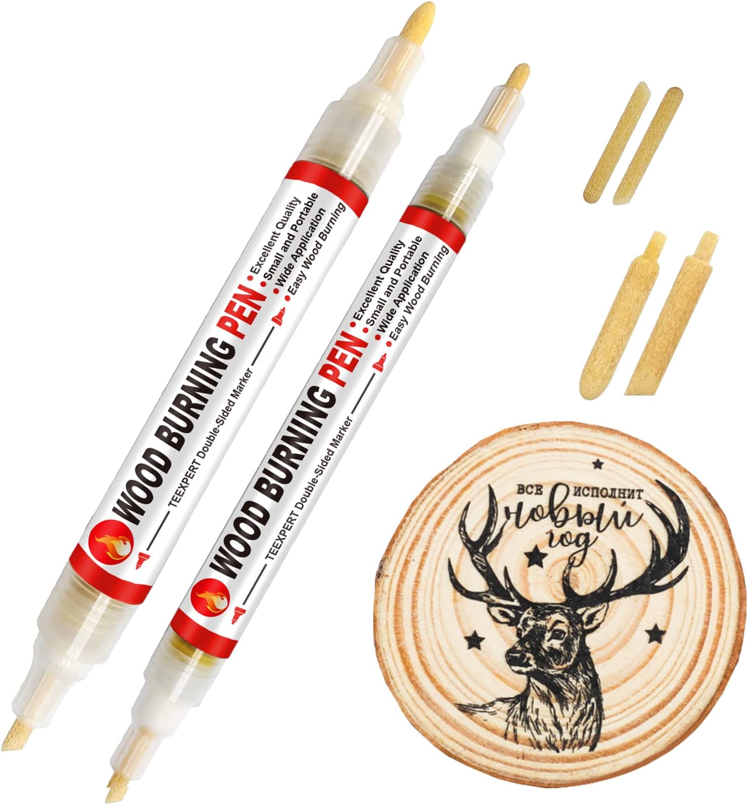 Wood Burning Pen Marker, 2Pcs Double-Sided Art Scorch Pen, 4Pcs Oblique/Bullet Tip Non-Toxic for DIY Heat Sensitive Pyrography Wood Burning Marker for Wood and Crafts Suitable for artists beginners