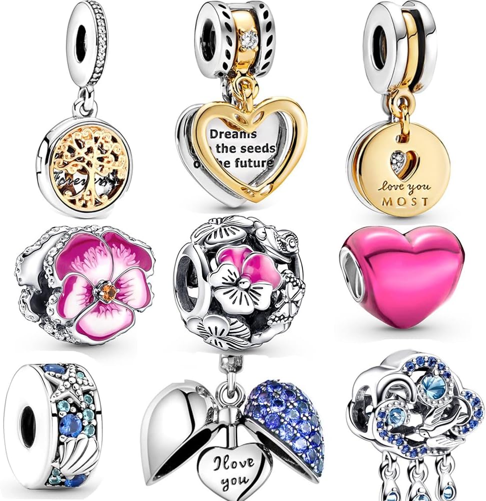 9 Pack Silver Spacer Beads Charms fit Bracelet, Heart Beads DIY Jewelry Gifts Women