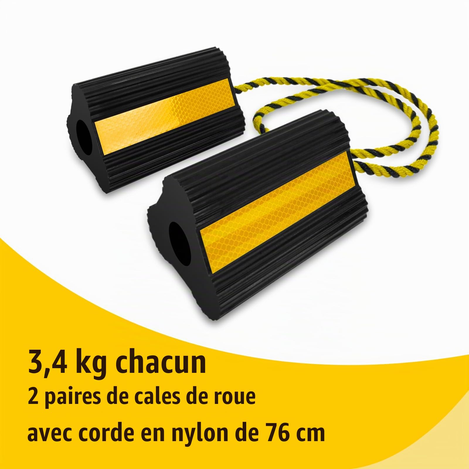 HOXWELL Cales de Roue (2 Paires/4 Lots avec Corde) pour Camping-Car, remorque, Camion, Voiture, Avion, Bloc de Cales de Roue Polyvalent en Caoutchouc Robuste avec 3 Bandes réfléchissantes,
