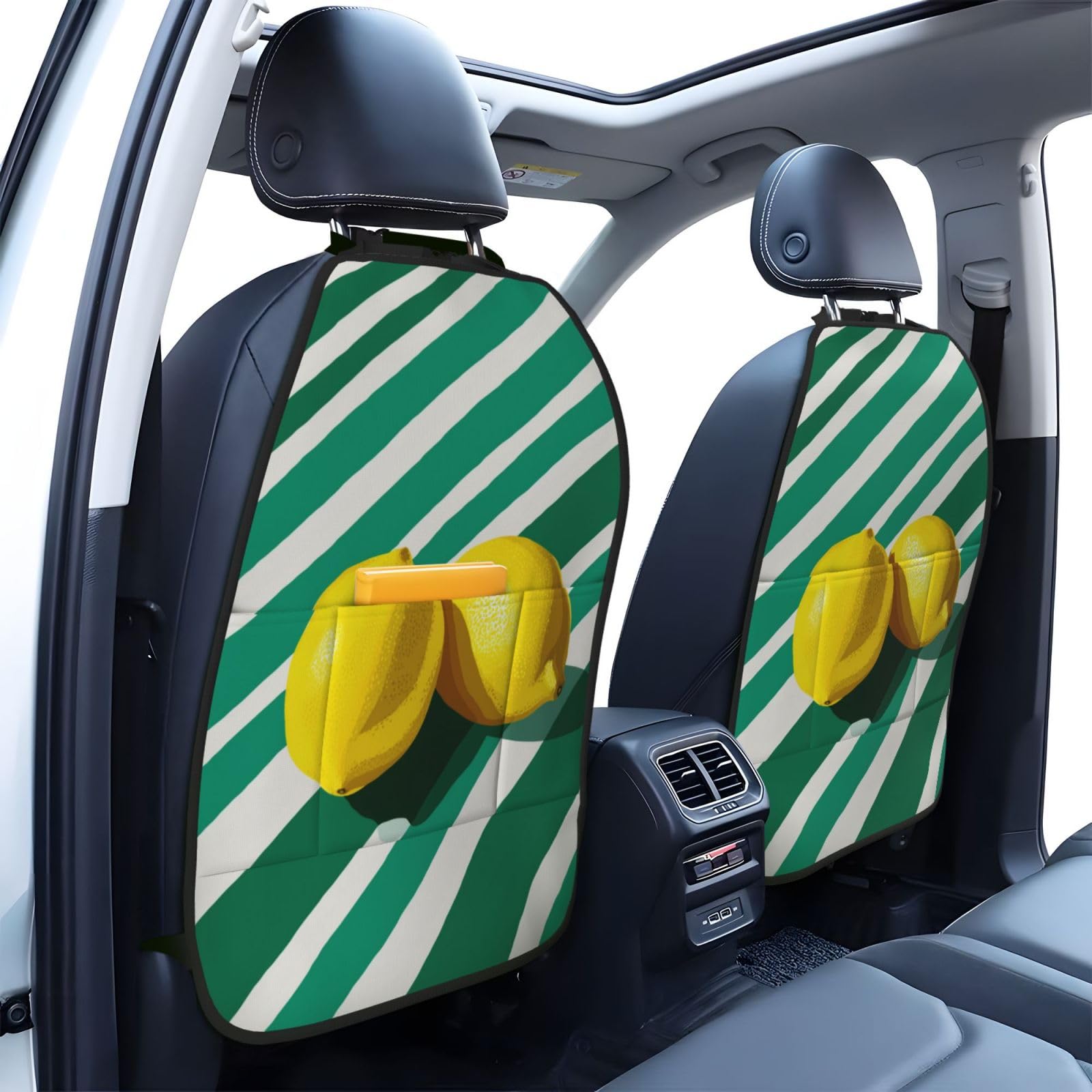 Minimalist Two Lemons On Green White Striped Car Seat Back Kick Protectors,2 Pack Kick Mats With Storage Pockets For Vehicles To Protect From Dirt Mud Scratches