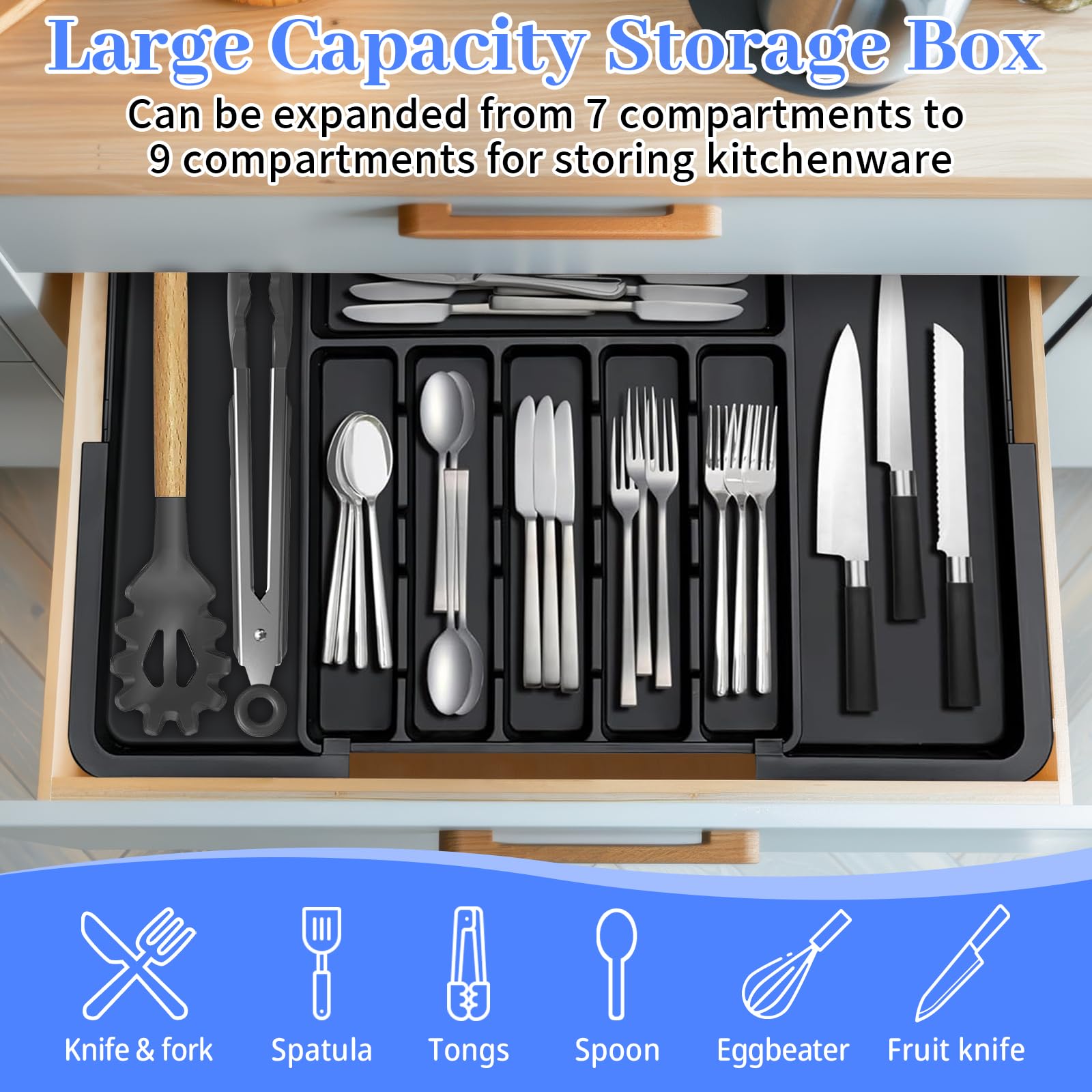 ROELLY Cuberteros Para Cajon Cocina, Organizador Cubiertos Para Cajon Con 9 Compartimentos, Cubertero Extensible de Silicona de 37 * 33cm, Para Almacenamiento de Cubiertos de Cocina,Negro