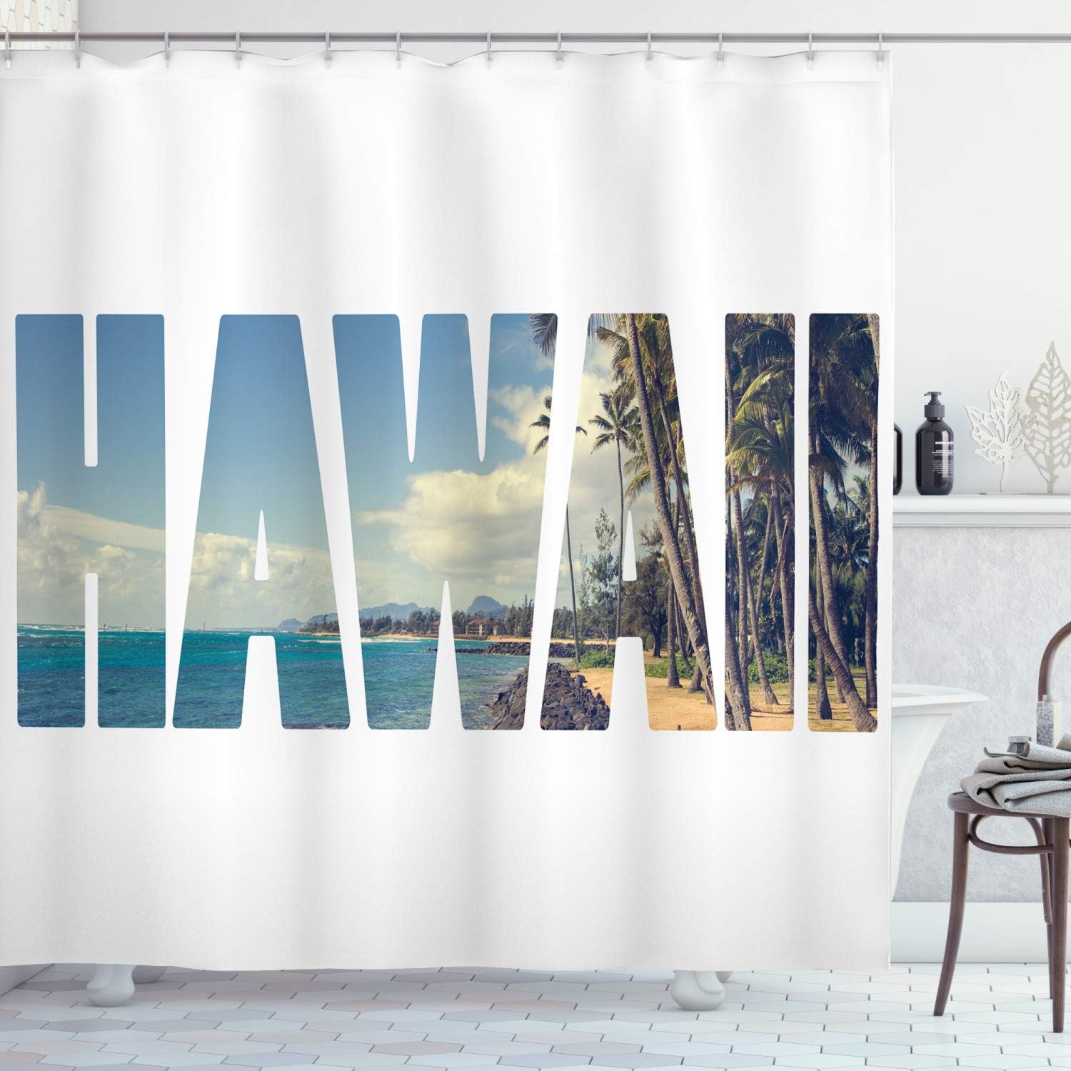 Ambesonne Hawaiian Shower Curtain, Word Hawaii with Tropical Island Photo Exotic Popular Places Palm Forest by Ocean, Cloth Fabric Bathroom Decor Set with Hooks, 69" W x 70" L, Blue White