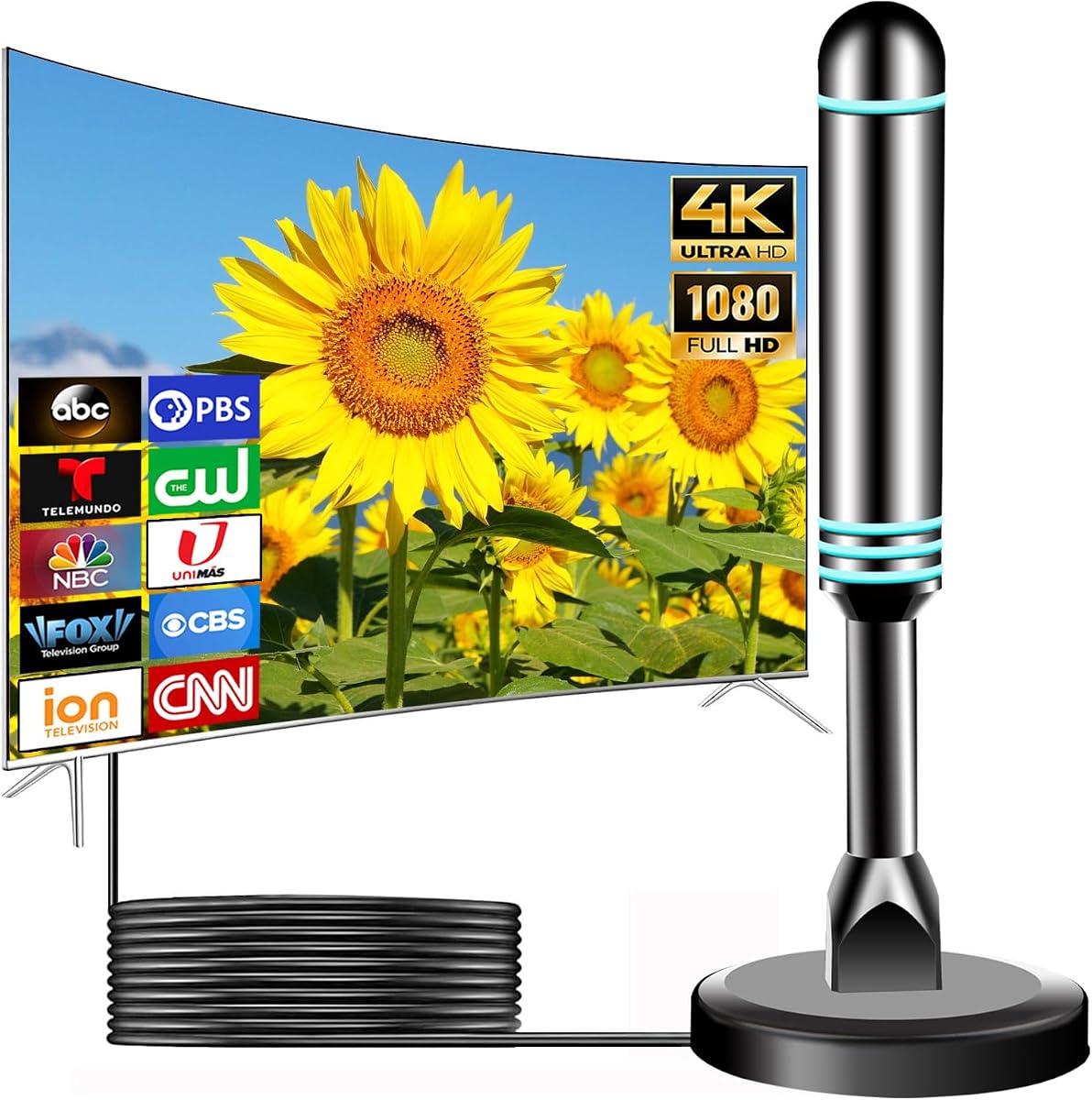 TV Antenna for Smart TV Indoor,Digital HD Antenna with Strong Magnetic Base | Indoor Antenna for Easy Installation, TV Antenna for Local Channels Long Range Reception for 4K 1080P (Blue)