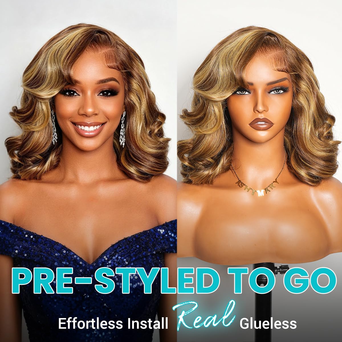 Pre-Styled Body Wave Bob Wig Human Hair Blonde Highlight Wig Glueless 7x5 Lace Front Wig Pre Everything Layered Bob Wig 200% Density 10 Inch