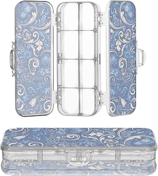 Scroll Pattern Blue Clear Pencils Box Double Deck Pens Case Transparent Hard For Art Supplies With Lid