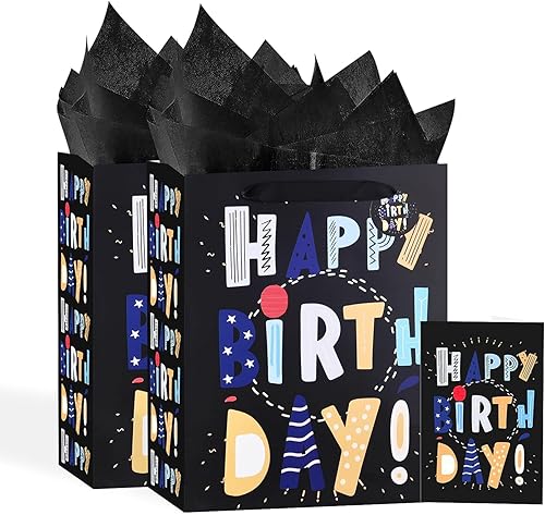 Powbrace 13" Black Happy Birthday Bag with Tissue Paper and