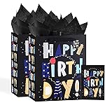 13 Black Happy Birthday Bag with Tissue Paper and Greeting Card for Party,Happy Birthday Gift Bag for Kids, Boys, Girls, Baby Boy,Men Women,Gift Bags Medium size (2 PCS Black, Kids Gift Bag)