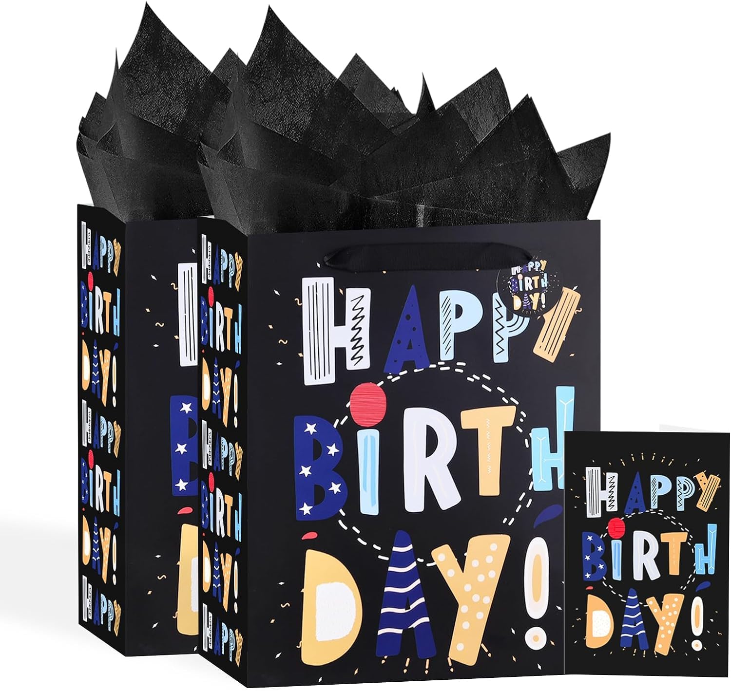 Powbrace 13" Birthday Bag with Tissue Paper &amp; Card(2 Pack Cartoon Black)