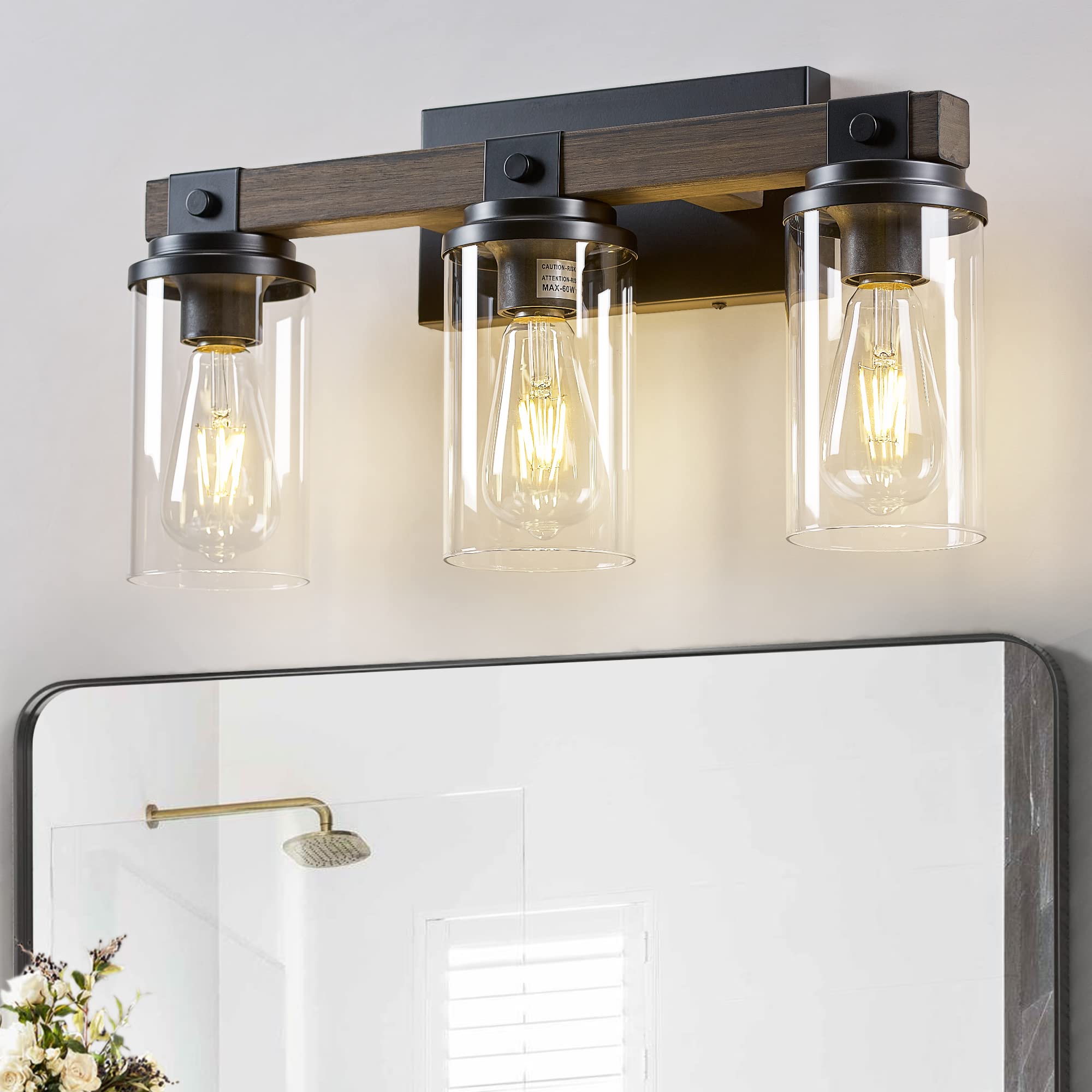 20 Inch 3-Light Farmhouse Bathroom Vanity Light – Matte Black With Metal Grid Shades & Real Wood Accents