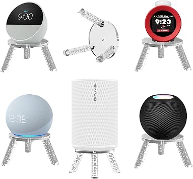 Desktop Speaker Stand for Echo Spot 2024, Dot, Glow, HomePod Mini, Nintendo Sound Clock Alarmo and Sonos Era 100 - Acrylic Tripod Accessories Holder Transparent