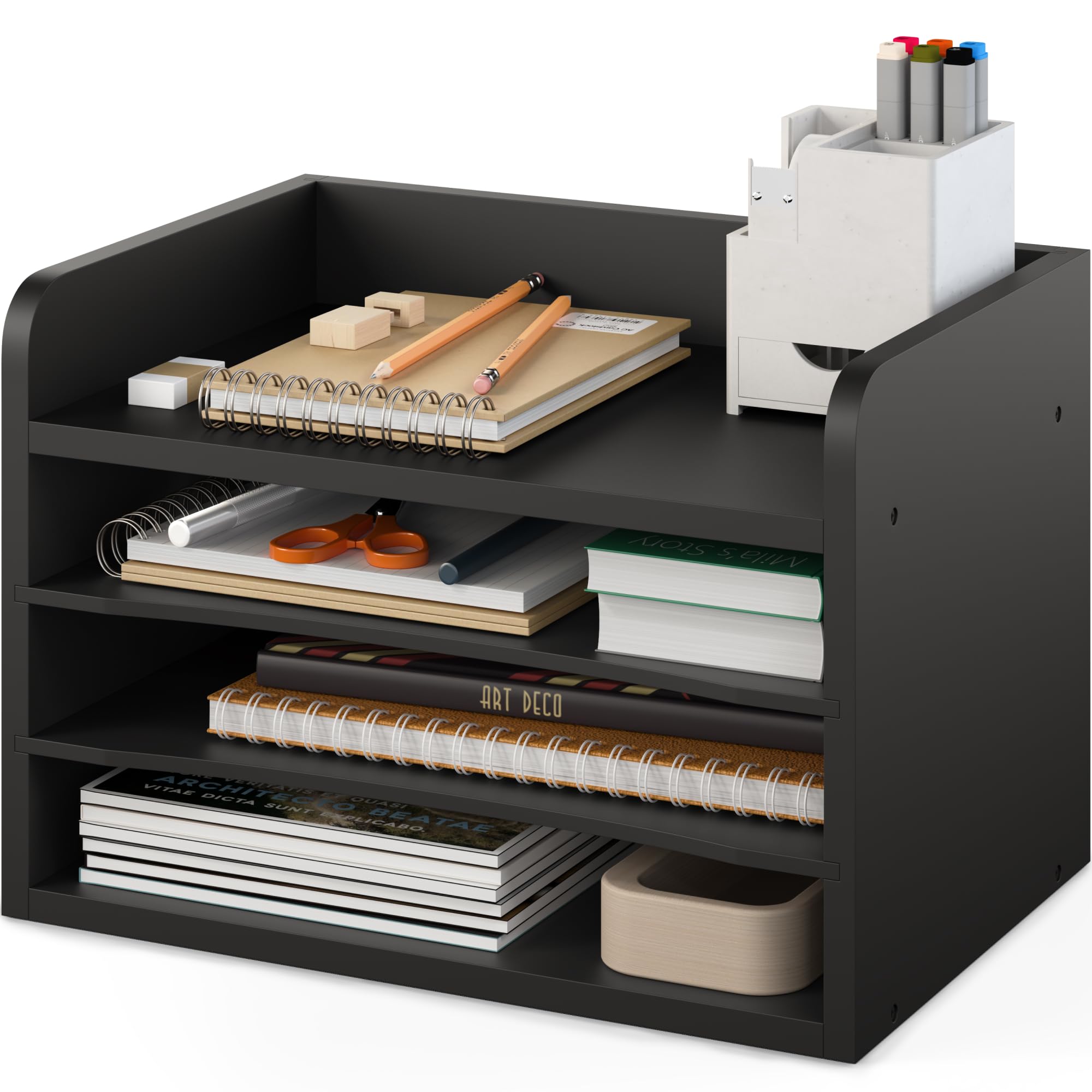 Ballucci Akten-Organizer, 4-stöckig, Büro-Schreibtisch-Organizer, offene Oberseite, Holzpapier-Organizer für Klassenzimmer, Postsortierer, Papierablage mit verstellbaren Ablagen, Schwarz