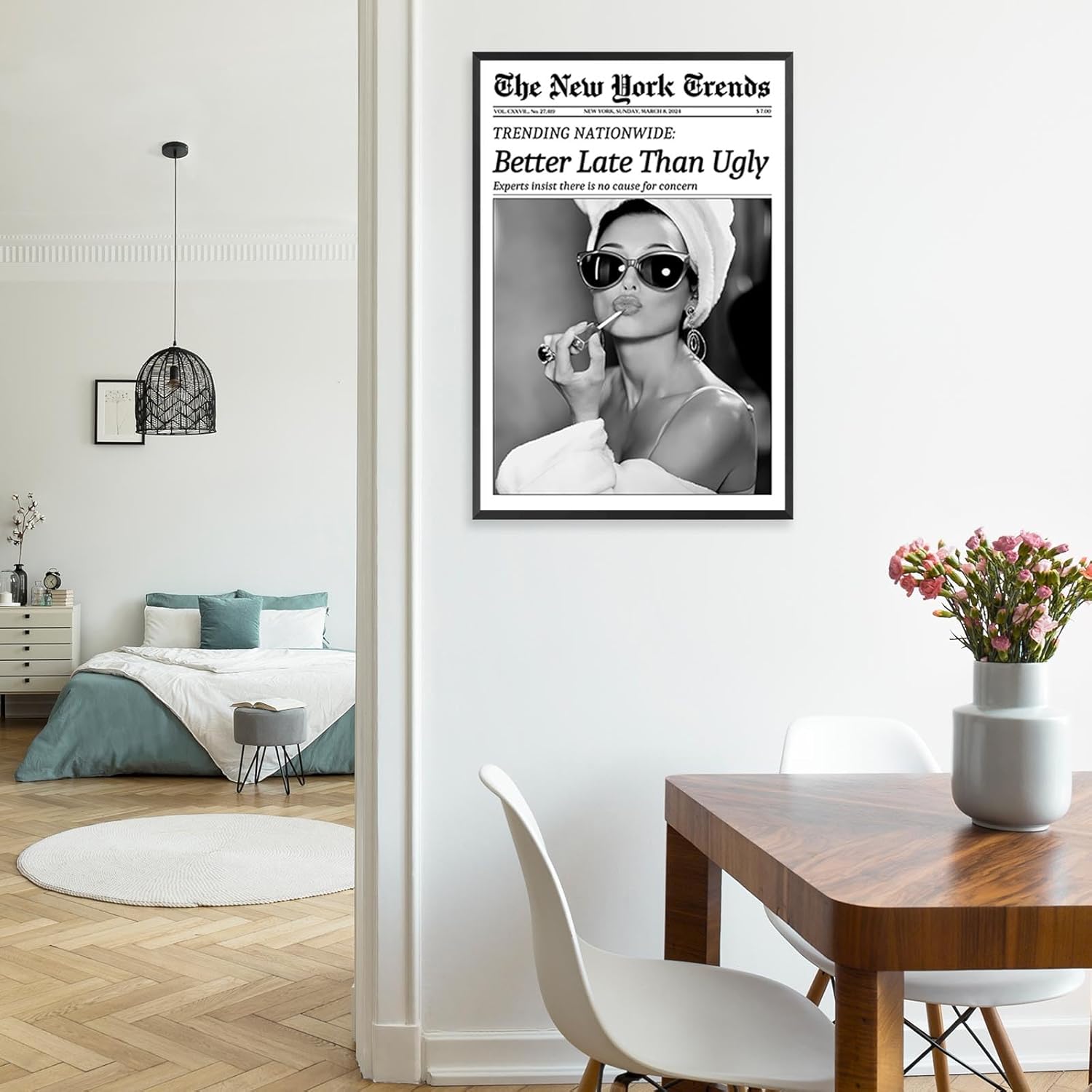 FBKDVC Retro Trendy Black And White Women Newspaper Canvas Wall Art Poster Better Late Than Ugly Vintage Funky Girl Aesthetic Preppy Print For Bar Cart Girl Dorm Bathroom Decor 12x16in Framed