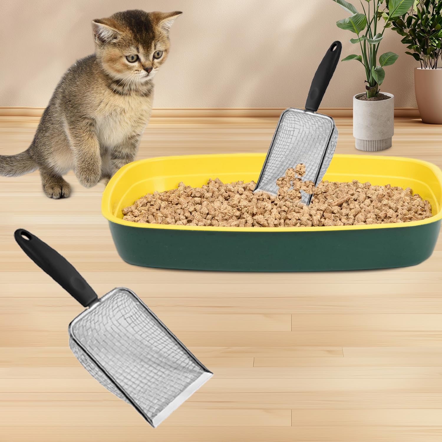 Pala de arena para gatos, malla de acero inoxidable, filtrado eficiente para caja de arena, mango cómodo, herramienta de limpieza para mascotas, 10 mm