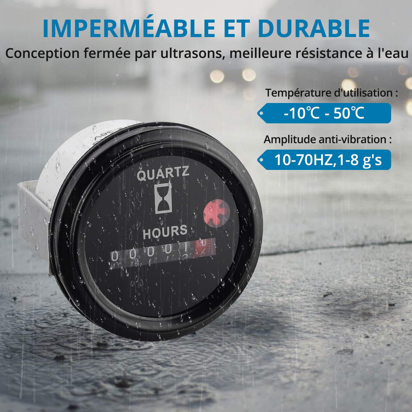 AUTOUTLET Compteur d'heures à quartz industriel 6 V-80 V, 12 V avec support de montage en métal, anti-vibrations, étanche, design à quartz pour intérieur et véhicule