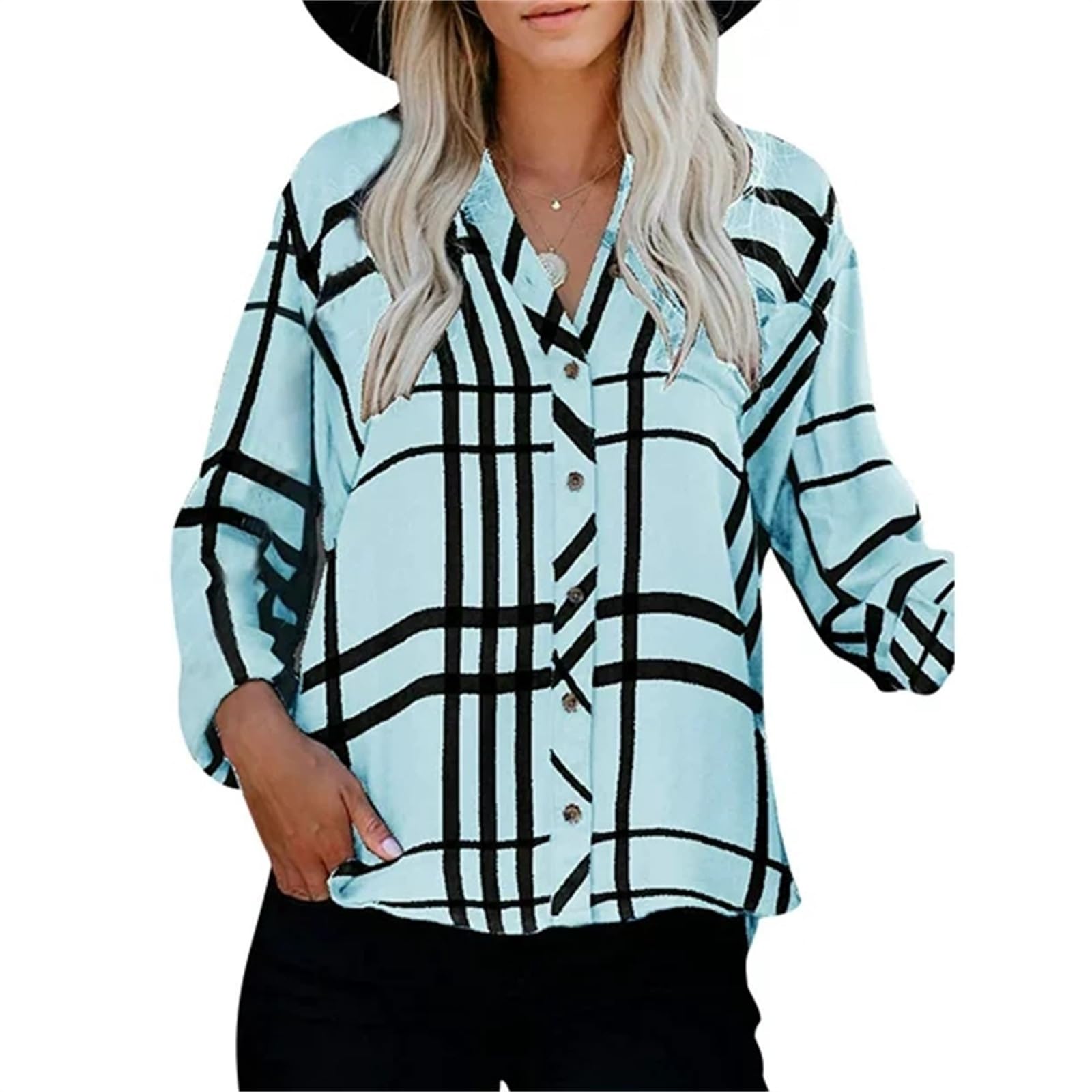 Womens Plaid Shirt Checked Shirt Ladies Oversized Button Down Shirts Casual Lapel Collar Long Sleeve Blouse Vintage Boyfriend Long Checked Shirts Basic Loose Check Blouses Top