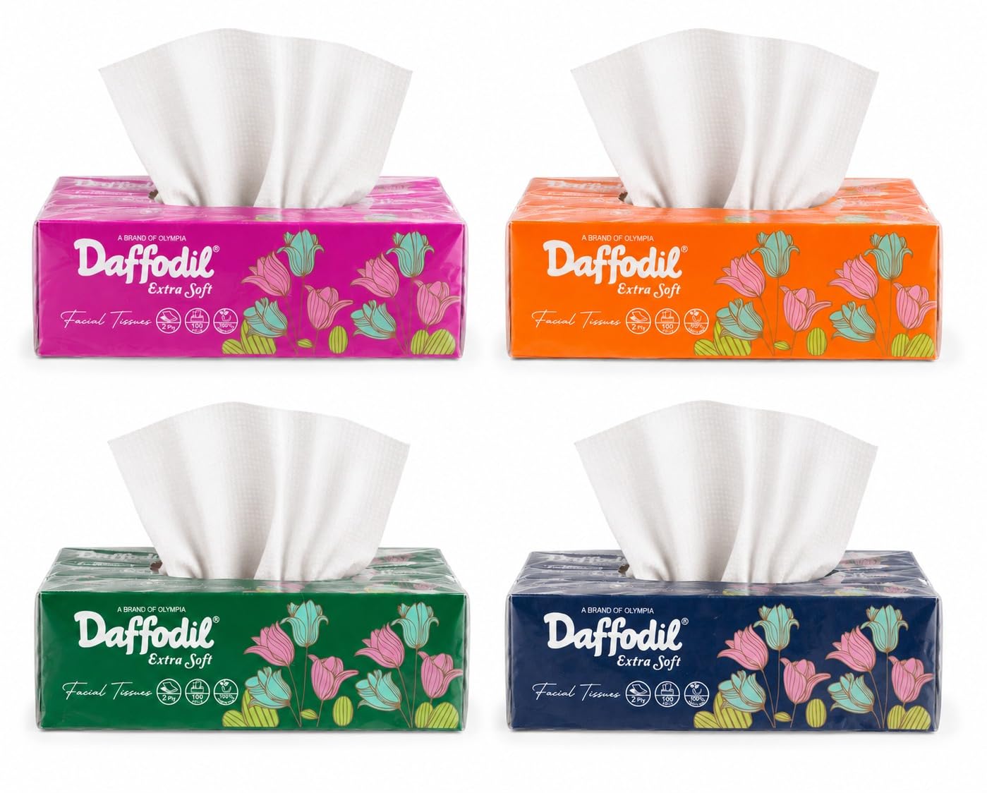 Daffodil Extra Soft 2 Ply Face Tissue Paper,Pack of 4 (100 Pulls/pack,400 Pulls total 800 Sheets) Soft,Oil Control, Skin Clarifying and Skin Friendly Tissue-image-23