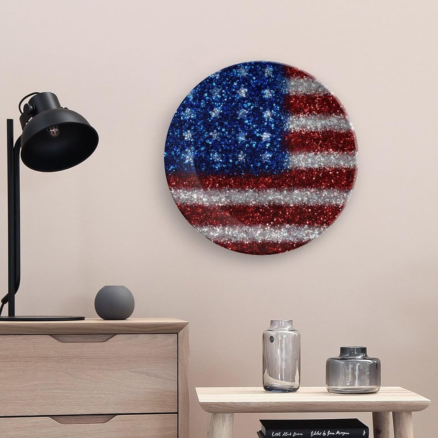 Sparkles Glitter U.S. Flag Novelty Decorative Plate with Display Stand Ceramic Ornament Hanging Wall Decor