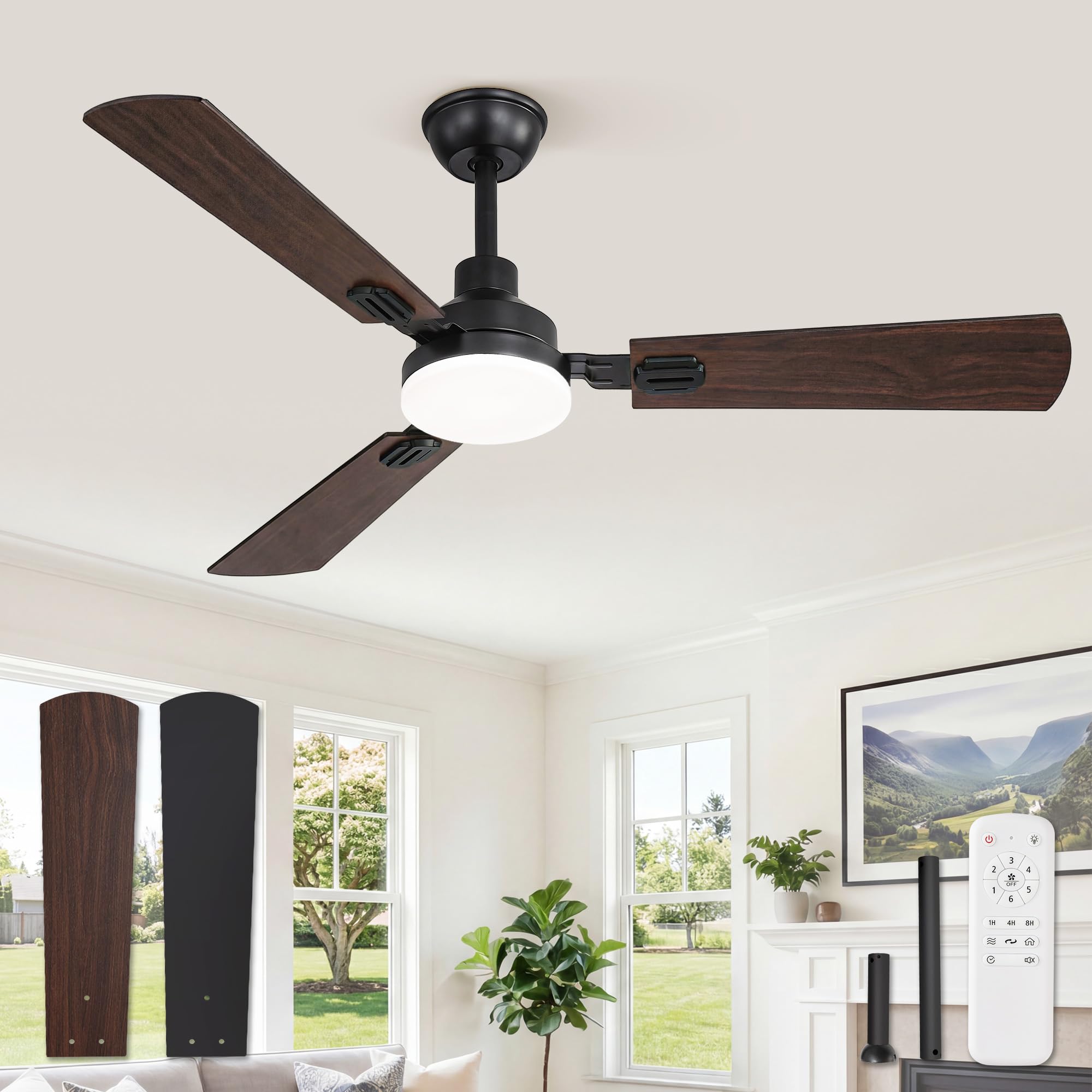 Ventilador de Techo Con Luz LED 132 cm, Mando A Distancia, Interior Y Exterior, CCT 3000K-6000K, Motor DC Reversible, Silencioso, 6 Velocidades, Temporizador 1H/4H/8H, 3 Aspas Negras + Nogal Oscuro