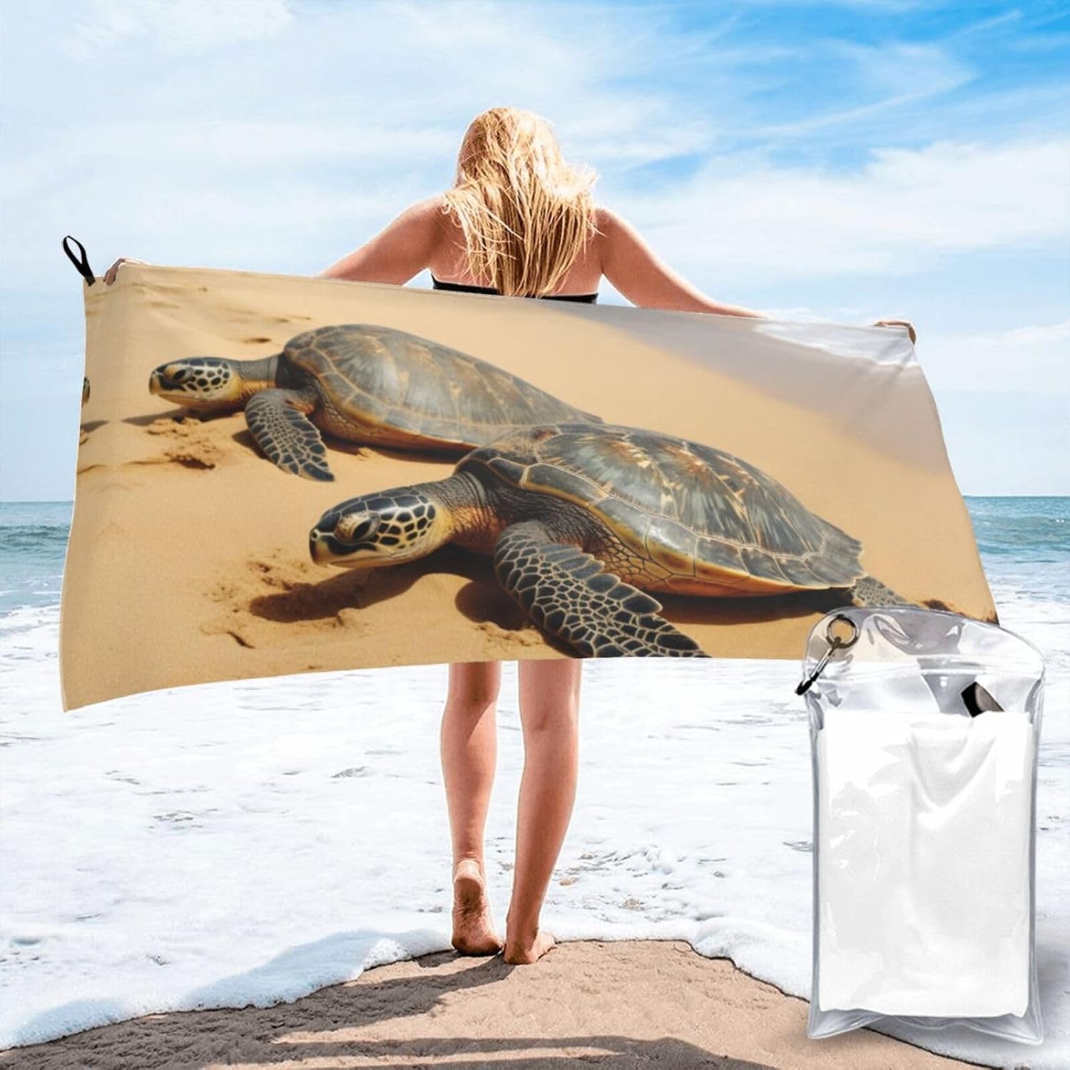 Turtles On The Beach Printed Microfiber Travel Towel,Camping Towel,Quick Dry,Soft Lightweight for Gym,Hiking,Yoga,Backpacking, White