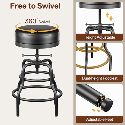 Miniatura 5 de Juego de 2 taburetes de bar giratorios de altura ajustable, 22 a 29 pulgadas, taburetes industriales de altura de barra vintage con asientos de