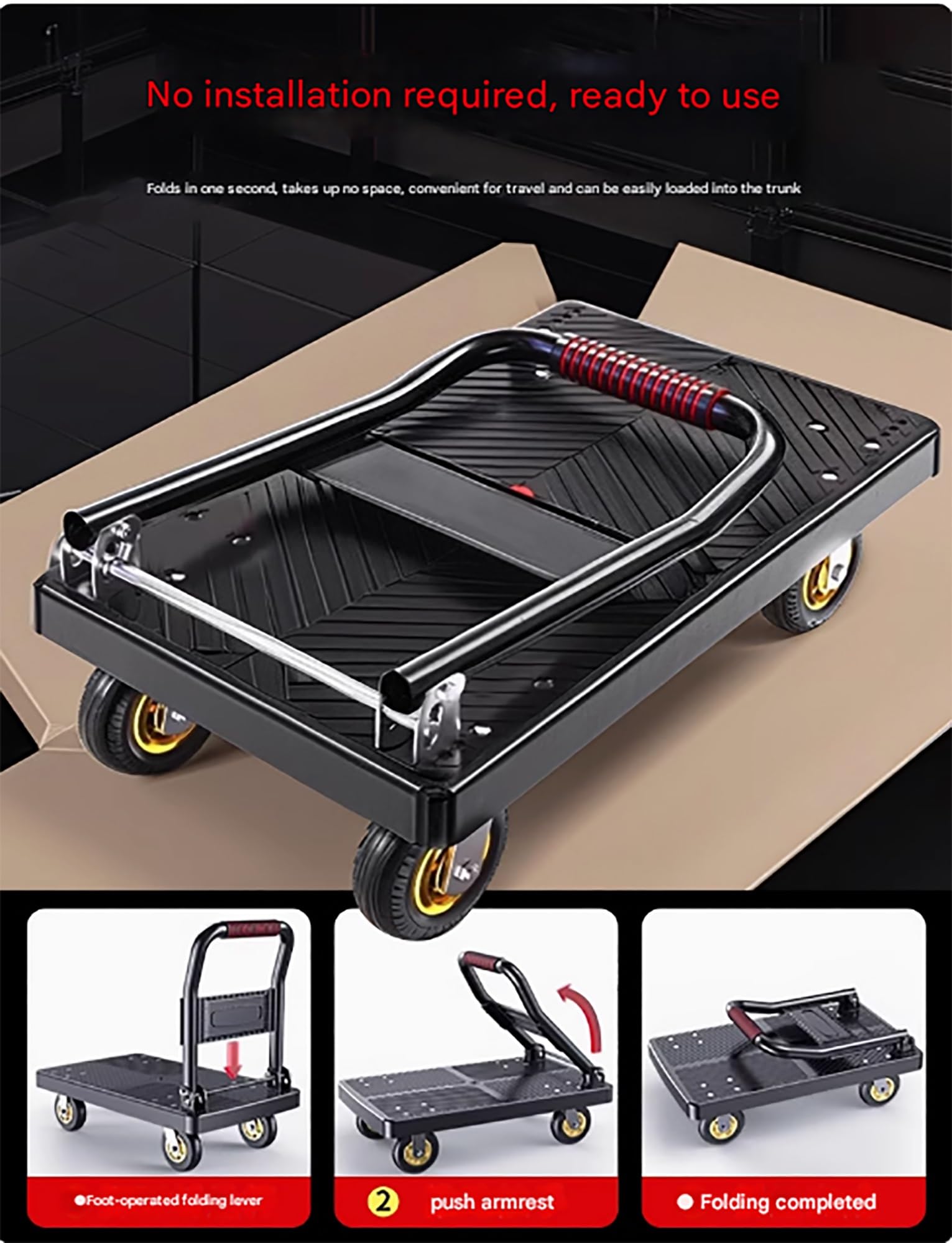 Carretilla de empuje de 440 libras, plegable, resistente, plataforma utilitaria móvil, carretilla manual con ruedas giratorias de 360 ​​grados(70x42cm/27x16in)