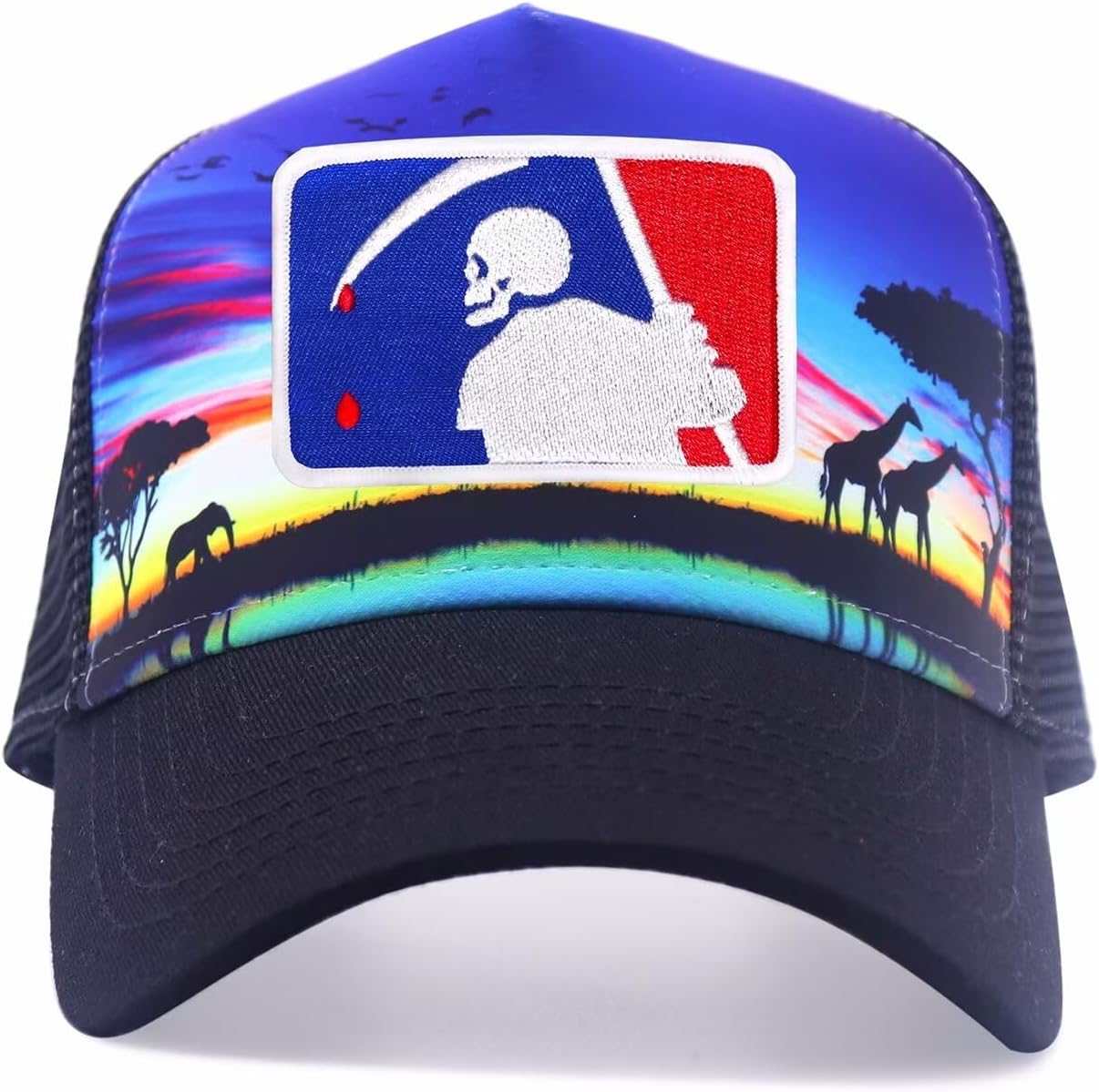 African Safari Trucker Hat - Blue Reaper Mesh Cap with Elephant Giraffe Print, Adjustable Snapback - Image 2