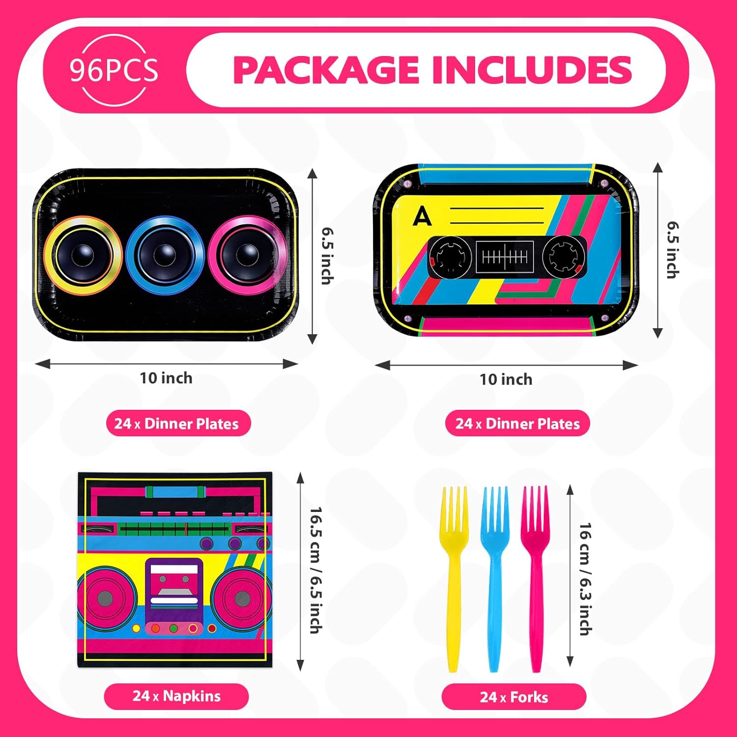 96Pcs 80s 90s Party Decorations Cassette Tape Plates and Napkins Retro Disco Music Themed Supplies Hip Hop Kpop Disposable Tableware for Retro 80s 90s Birthday Party Decorations