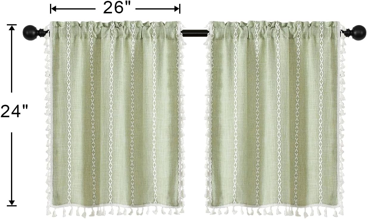 MitoVilla Boho Kitchen Curtains 24 Inch Length, 2 Panels Farmhouse Cafe Curtains Short Tier Small Cotton Linen Striped Curtain for RV Bathroom Sink Cabinet Half Door Bay Windows, Sage Green