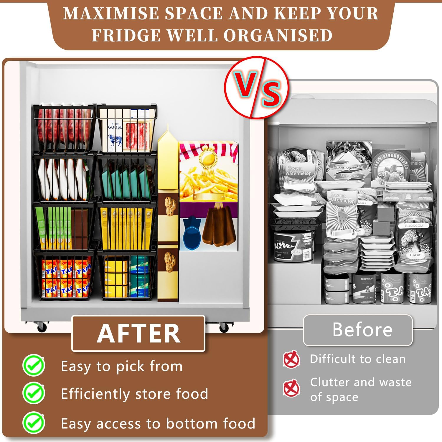 Enhanced Leak-Proof Bottom - Freezer Organizer Bins ，4 Pack Stackable Deep Freezer Organizer Bins for 7 Cu.FT Small Chest Freezer，organization and storage，pantry organizers(4 Pack-black) - Image 6