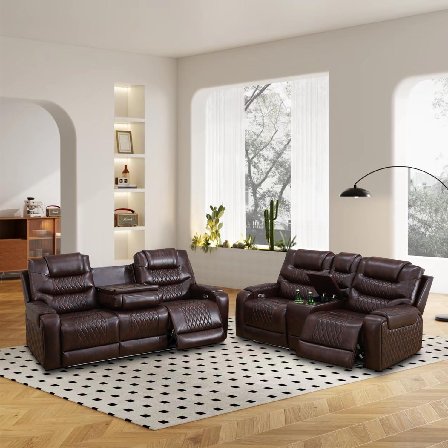 Power Recliner Sofa Set, Leather Recliners with Built-in USB Ports/Storage Console, Reclining Couch Set for Living Room/Home Theatre/Office (Brown, Sofa+LOVESEAT)