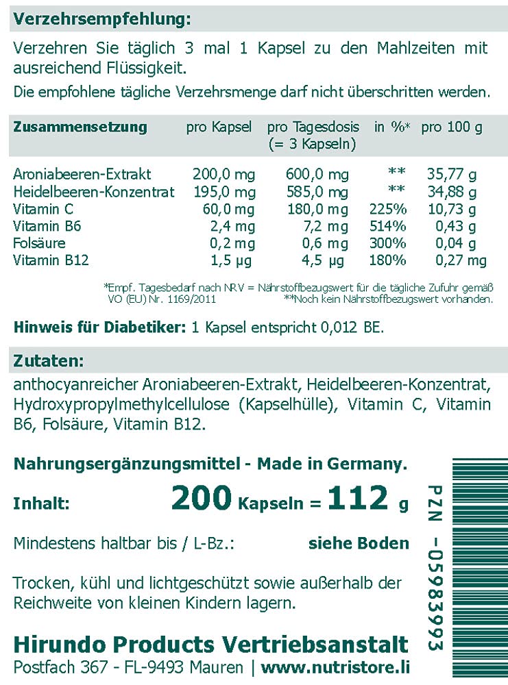 Aronia Apfelbeeren vegane Kapseln 200 Stk. - zur Versorgung mit Vitaminen und Bioflavonoiden aus Aroniabeeren und Heidelbeeren