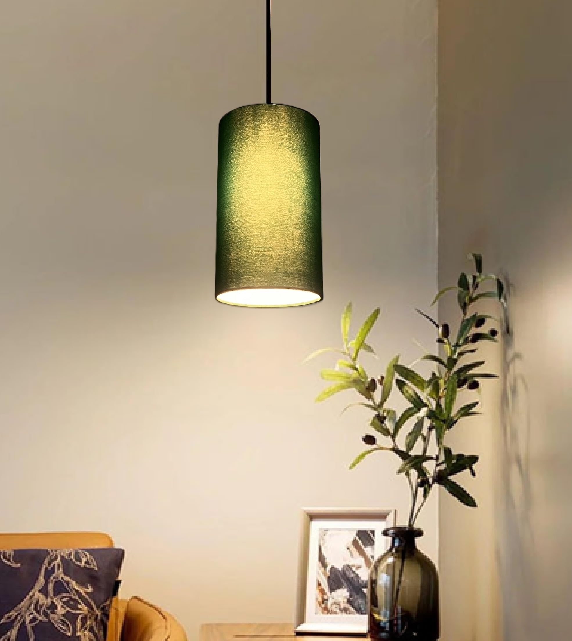 Cylinder Print Hanging Shade Classic Pendant Cylinder Lamp Shade, Decorative Light Lamp, Hanging Spotlight with Fixture (Dark Green)-image-40