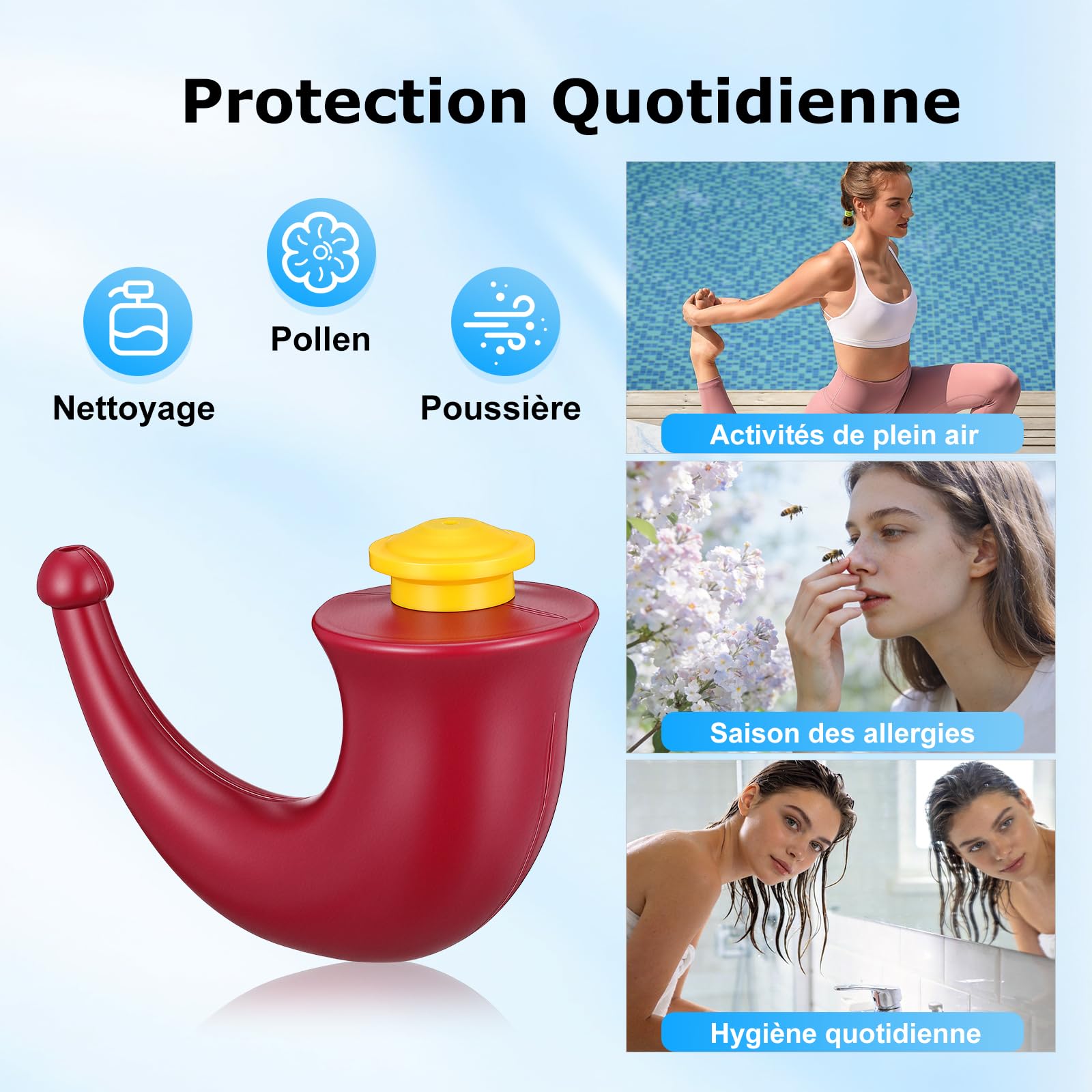GLEAVI Douche Nasale Douce par Gravité, Pot de Lavage Nez avec Embout Confortable, Rinçage Nasal Quotidien Sans BPA, Facile à Nettoyer pour Hygiène & Yoga, Rouge