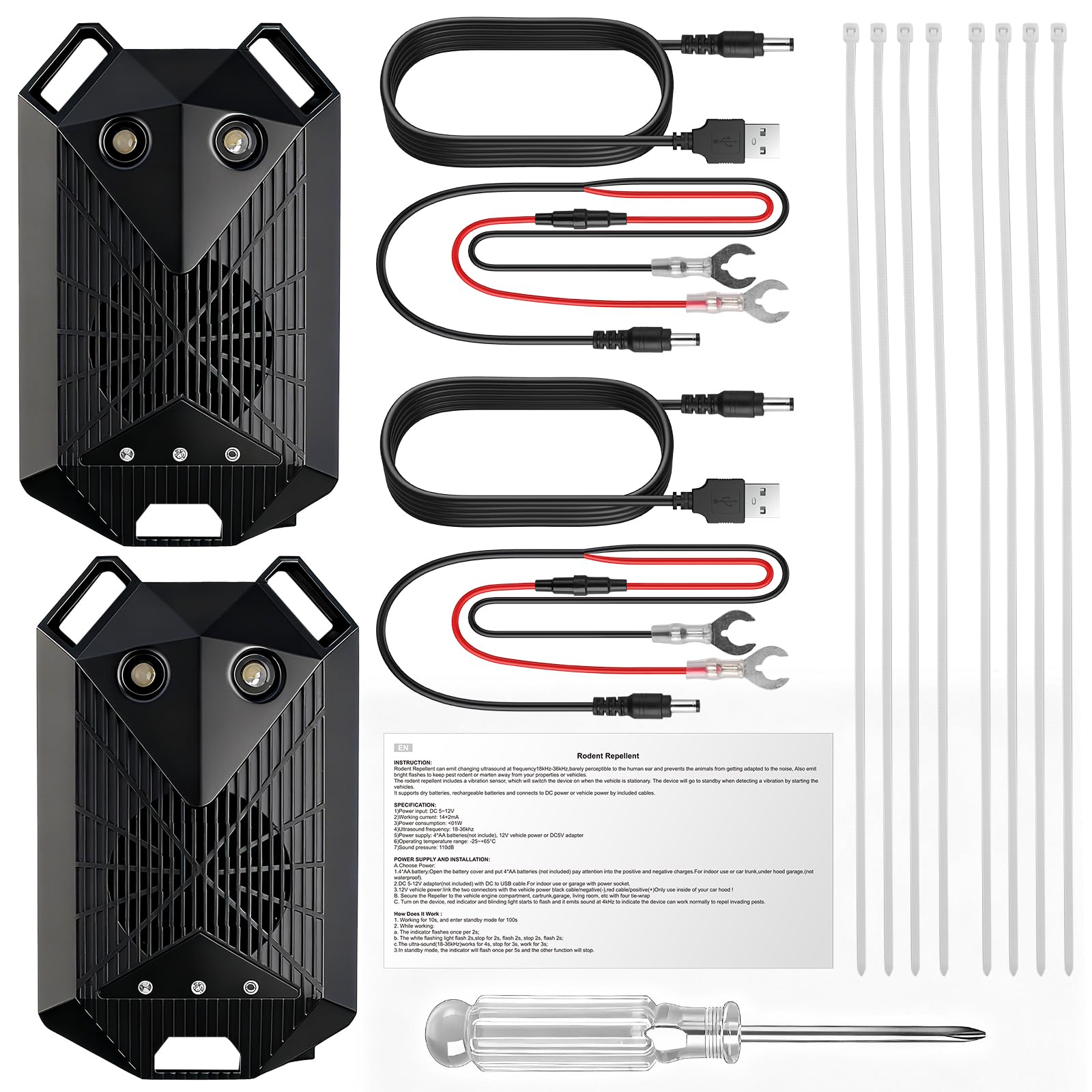 AUTOUTLET 2PC Répulsif Ultrason Souris pour Voiture 3 en 1 Répulsif Ultrason Rongeur Connexion électrique du véhicule/Câblage USB/Batterie Démarrage/arrêt Automatique avec Ligne d'Extension 80cm