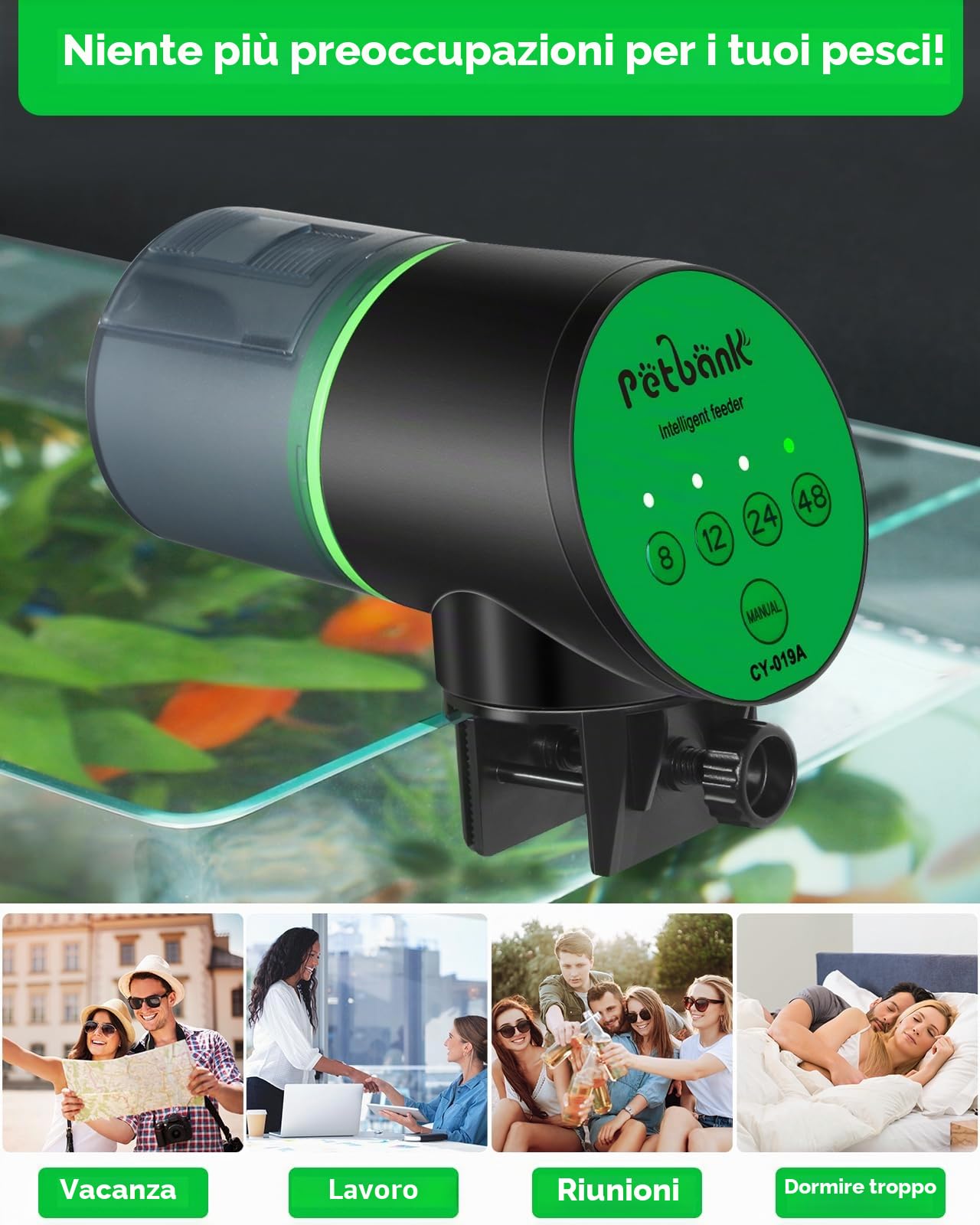 Mangiatoia automatica per acquario, distributore automatico di cibo per pesci, timer vacanze alimentato a batteria, alimentatore automatico per pesci, distributore automatico con 2 batterie