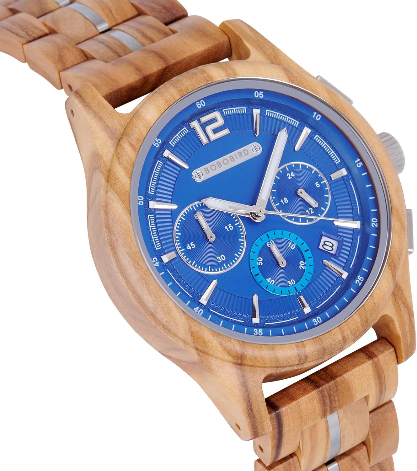 BOBO BIRD Men's Chronograph Wooden Watch Multifunction Sub-Dials, Natural Zebrawood Band – Gold, Blue & White Dial Options – Gift for Him