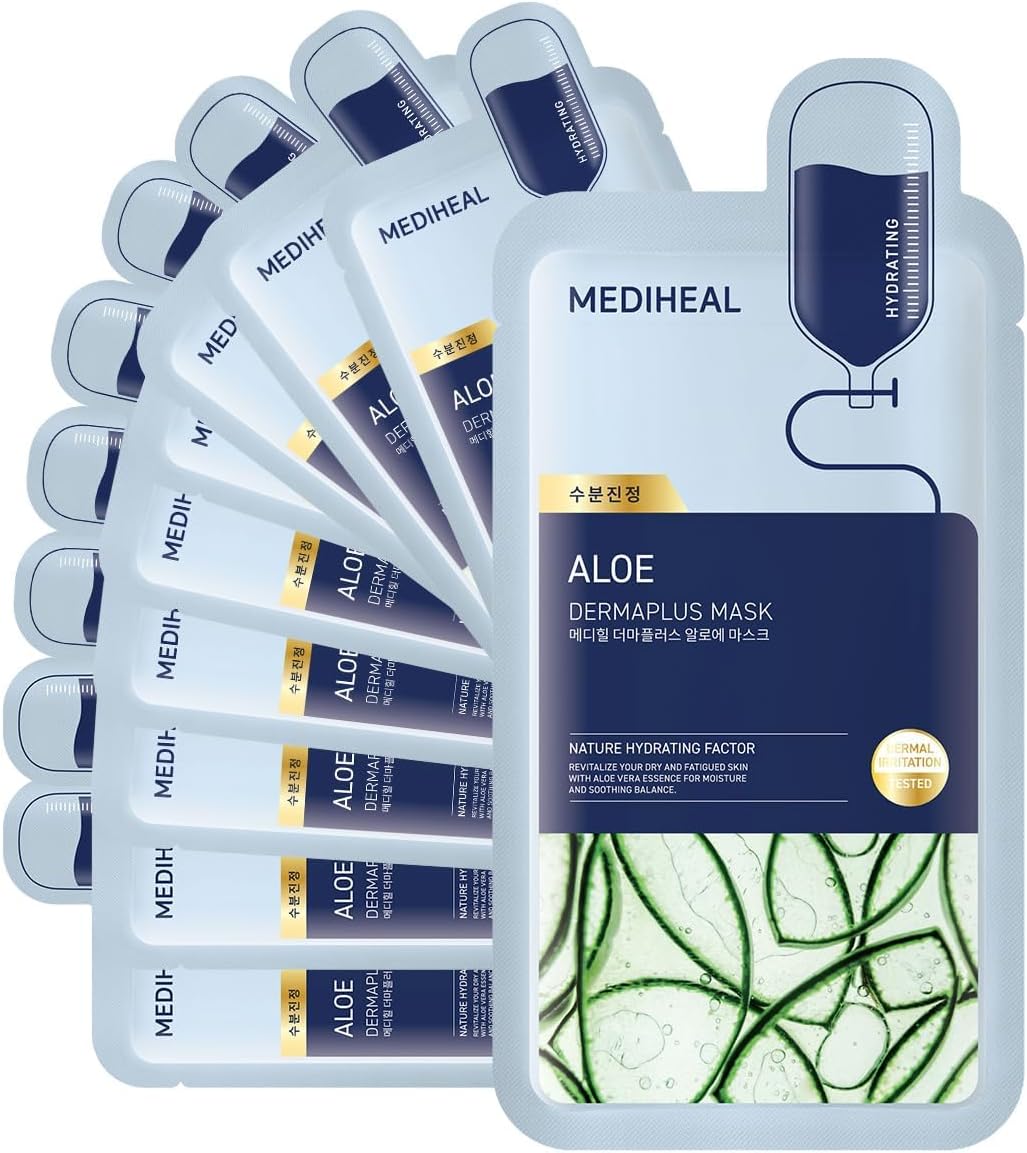 Mediheal Dermaplus Aloe Mask (10 tellen) – Dagelijks veganistisch masker voor het hydrateren van de huid met panthenol en hyaluron, Koreaans zelfhuidverzorging bladmasker