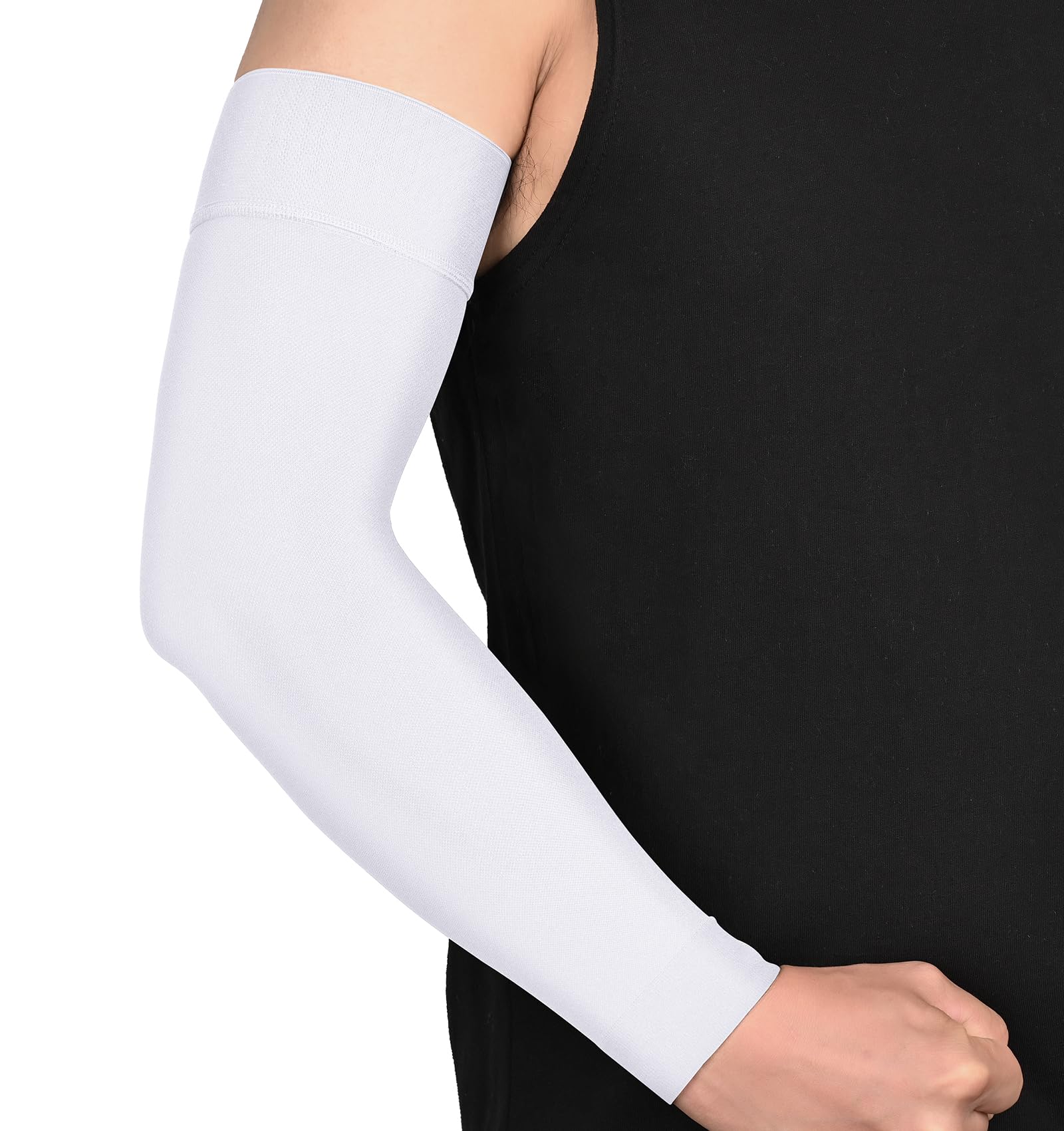 MGANG Lymphedema Compression Arm Sleeve for Women Men, Opaque, 15-20 mmHg Compression Full Arm Support with Silicone Band, Relieve Swelling, Edema, Post Surgery Recovery, Single White XL