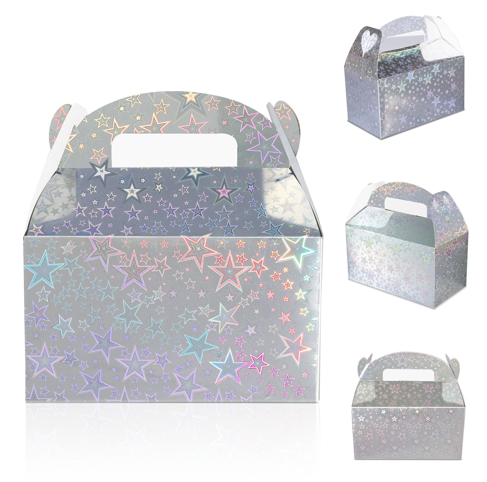 Naleyber Iridescent Star Party Favor Treat Box, 24pcs Holographic Gable Boxes for Candy Snacks Gifts, Shiny Goodie Boxes for Birthday parties