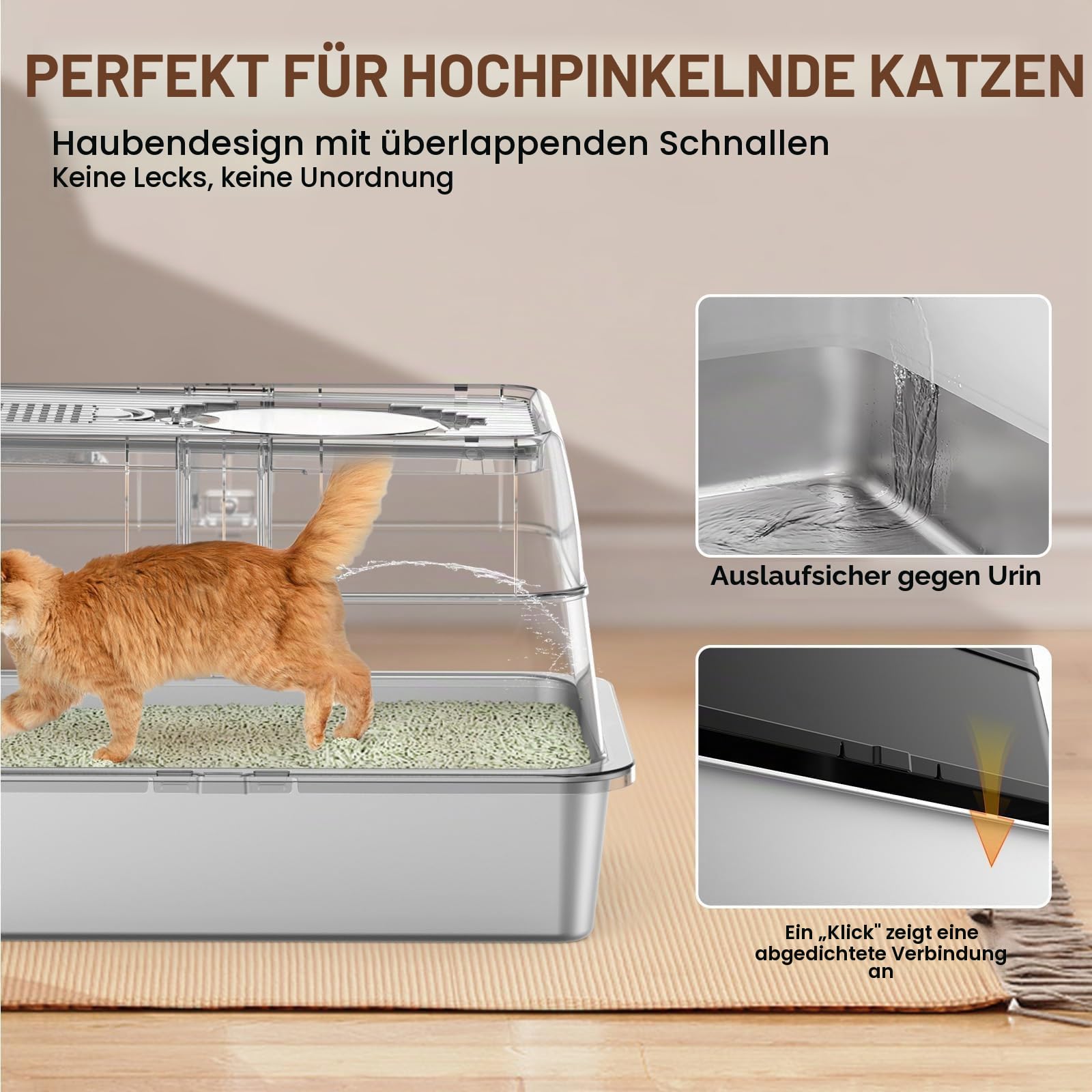 Edelstahl Katzenklo XXL aus V2A – 62 cm Geschlossene Katzentoilette mit 160° Klappdeckel, 3-in-1 Design für Stehpinkler & große Katzen, hoher Rand auslaufsicher, inkl. Schaufel und Trittstufe