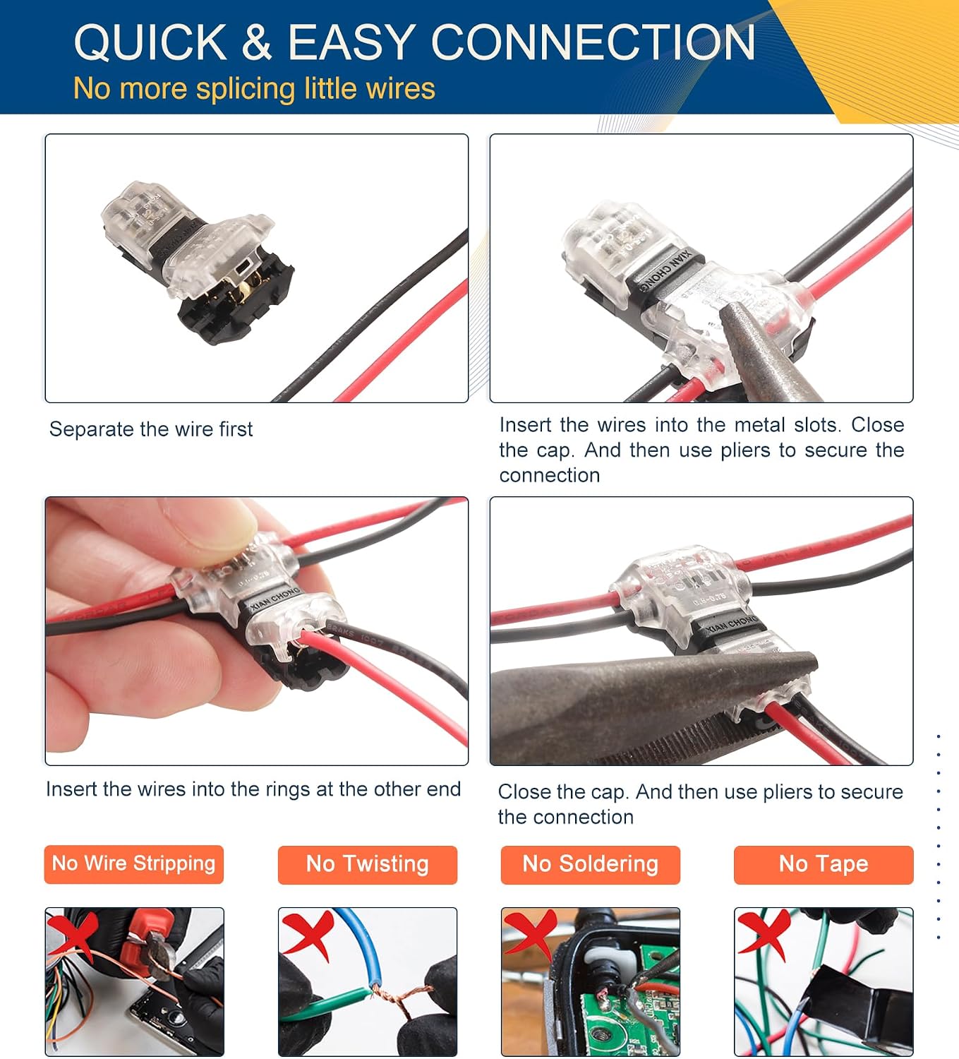 Low Voltage Wire Connectors 24 Pack, No Wire Stripping Needed – Quick Wire Splice Connectors for 20-24 AWG Wires, Fast & Secure Wiring for LED Lights, Automotive, and DIY Projects