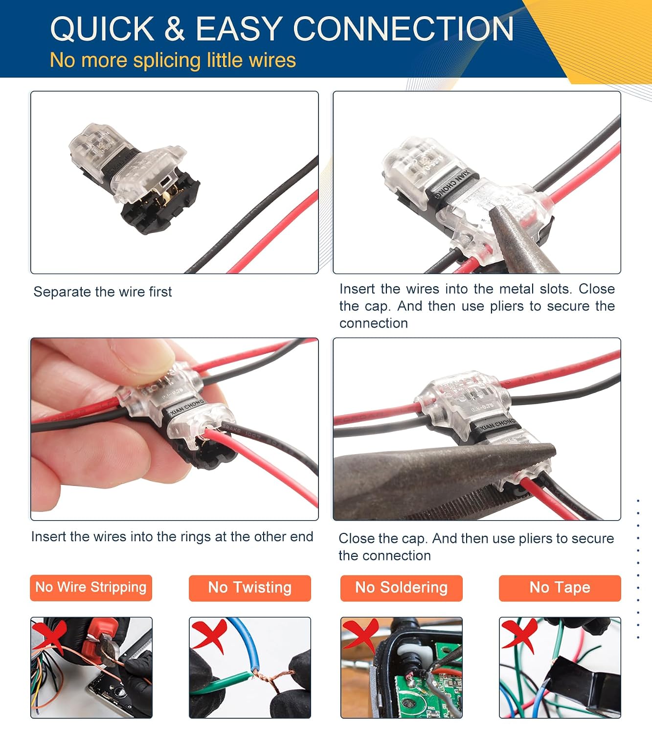 No Stripping Low Voltage Wire Connectors Kit – 40 Pack, Fits 18-24 AWG Wires, Quick & Easy Electrical Solderless Connectors, Secure Connections for DIY & Automotive