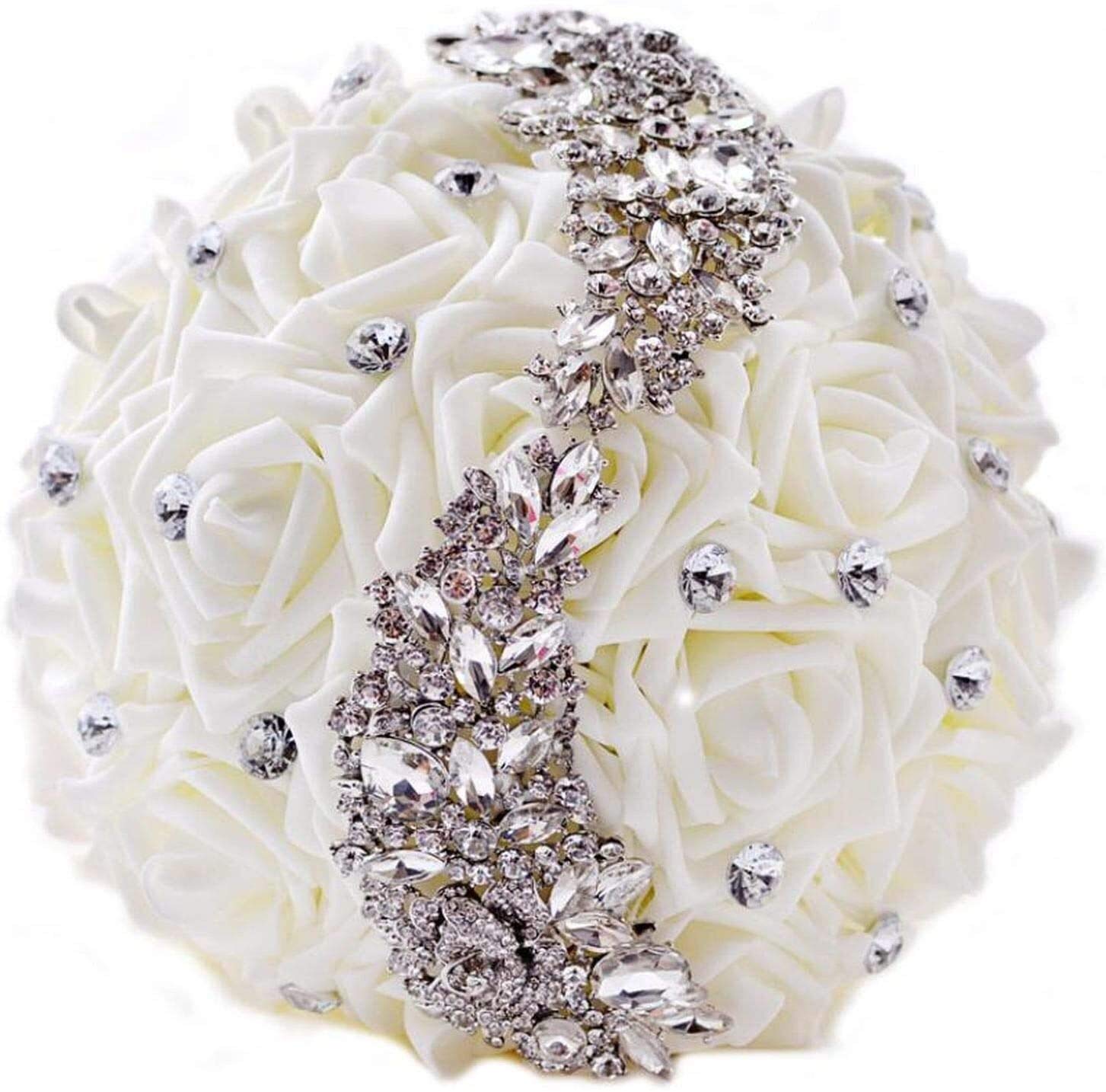 Ramo de Novia romántico Hecho a Mano, Flores Artificiales, Broche de Diamantes de imitación, Broche Plateado para Sujetar Ramos (Color: Marfil-2) (Plata) Interesante