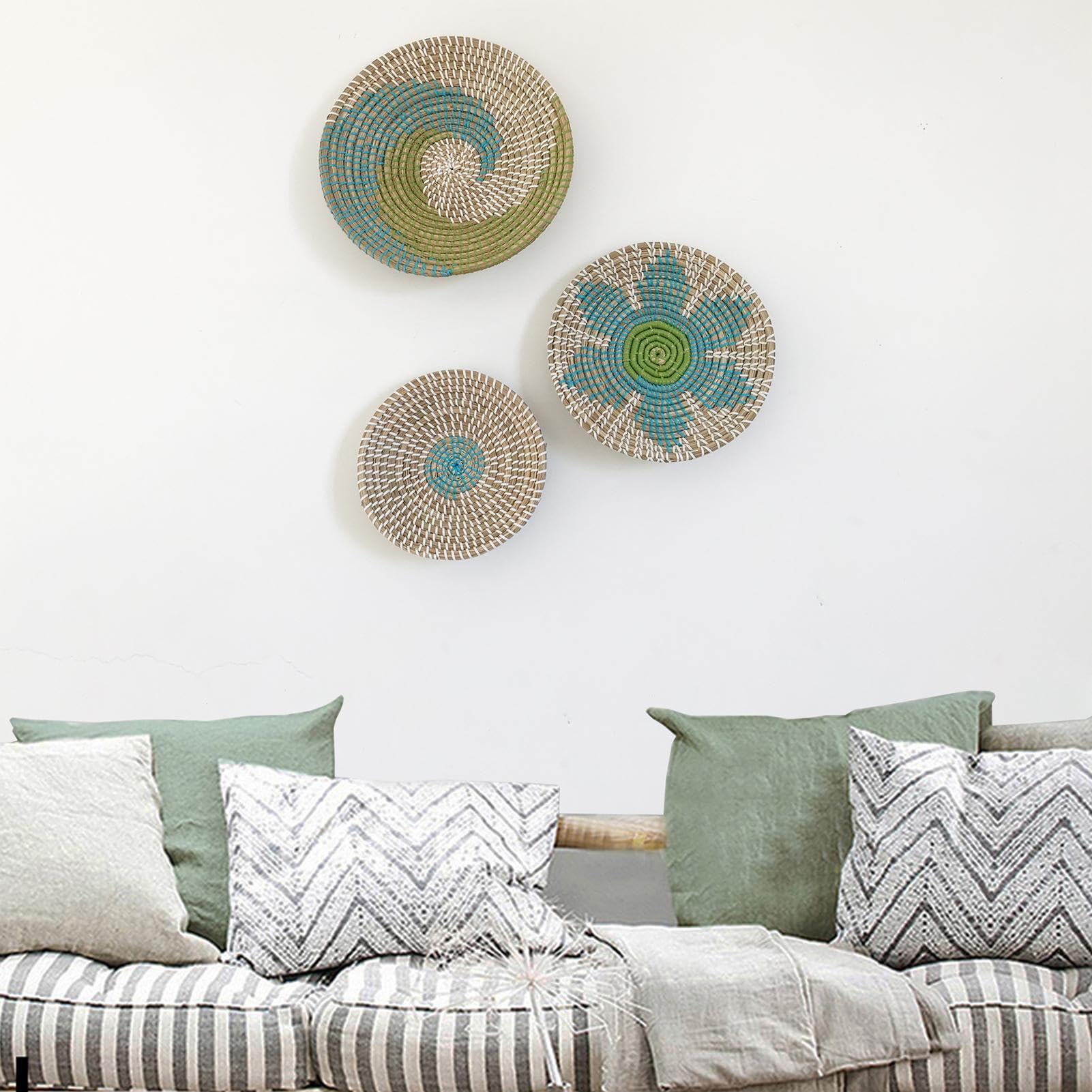 3 Stück Boho Wandkorb Dekoration Runde Seegras Geflochtene Körbe Natürliches Boho Hängekorb Geometrisches Design Böhmische Hängende Dekorationen Für Wohnzimmer, Büro, Schlafzimmer
