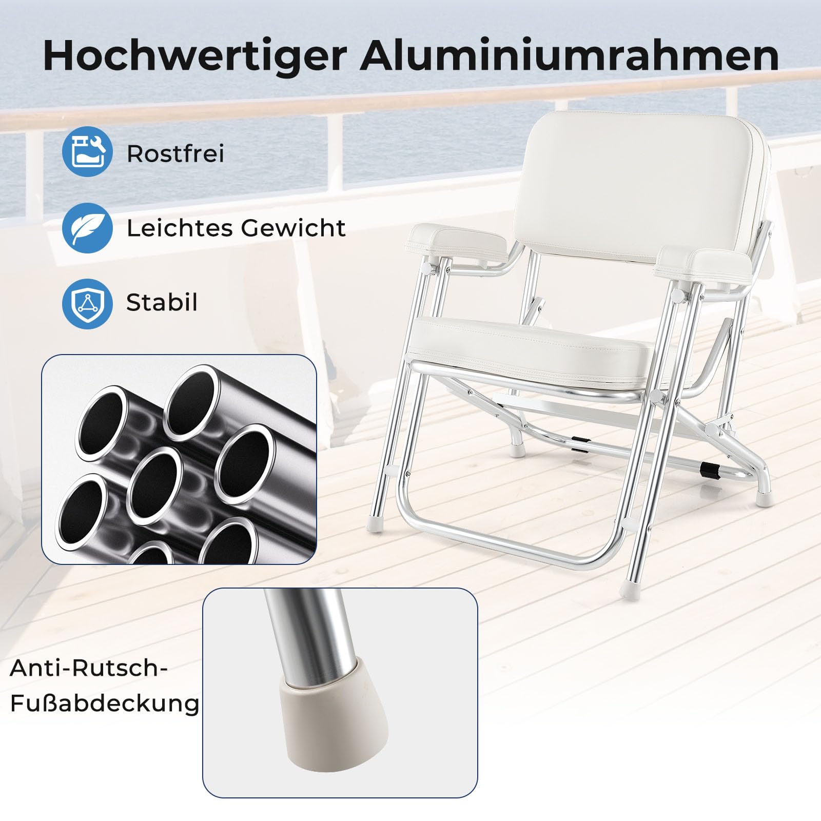 GYMAX Tumbona de Aluminio para Barcos, Silla de Banco Marino con Asiento Acolchado y Reposabrazos Acolchados, Silla Plegable Portátil para Barcos, Yates, Barcos