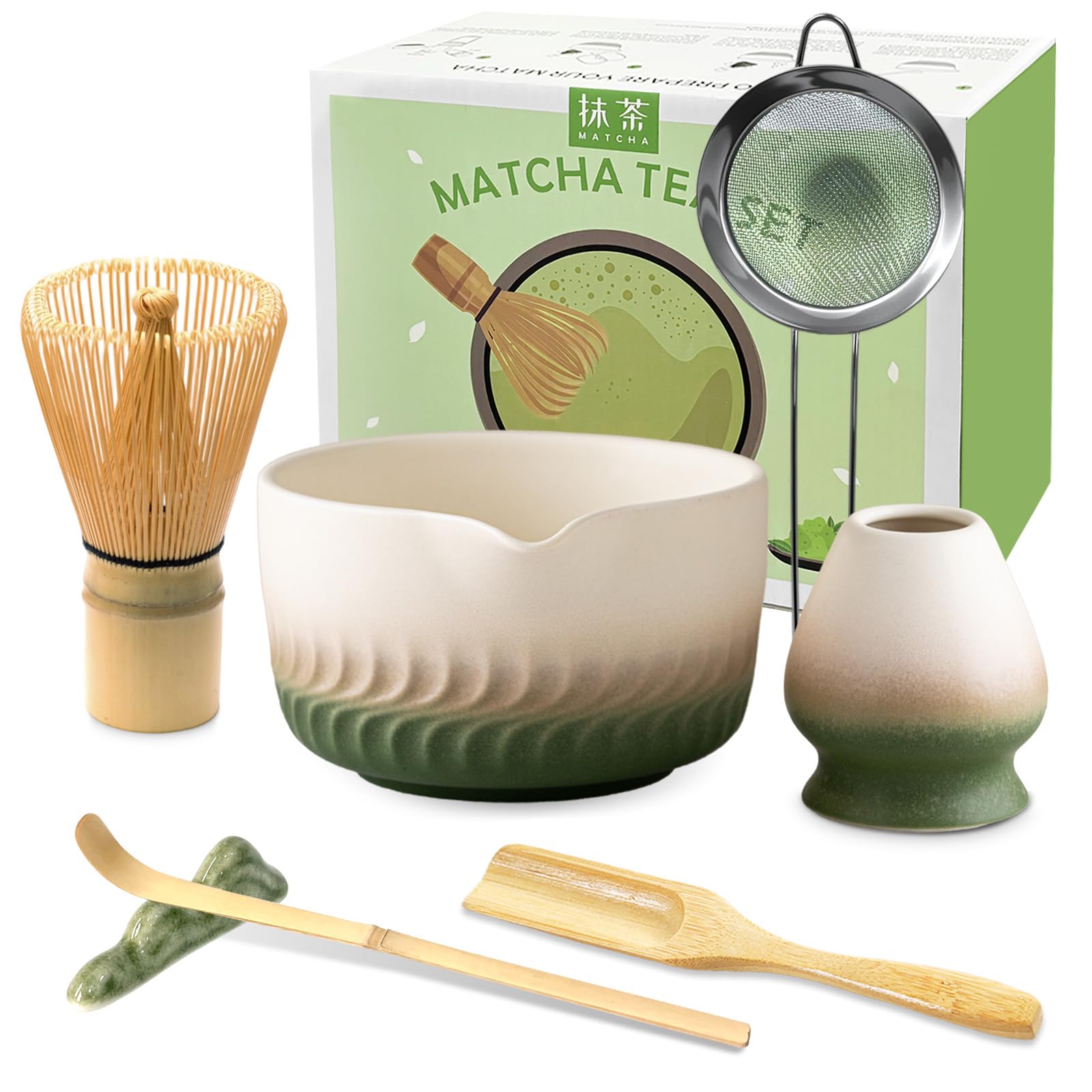 JBER Matcha Set, Matcha Besen Set 7 Teiliges - Bambus Matcha Whisk, Matcha Schale mit Auslauf, Matcha Besen Halter, Löffel und Halter, Geschenk für Matcha Zeremonie