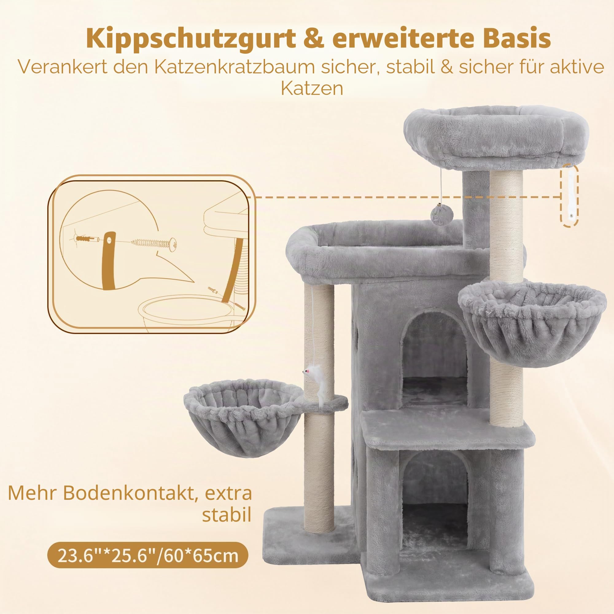 Heybly Kratzbaum 105 cm mit 2 Plattformen und Körben, 2 Plattformen Oben, Doppelte Höhle, 2 Katzenkörbe, Sisalpfosten, Katzenspielzeug, Mehrstöckiges Katzenmöbel Für Innenräume, Hellgrau HCT075W