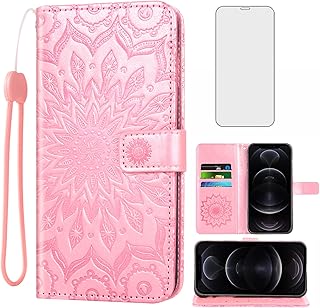 Phone Case for iPhone 12 Pro Max 6.7 Wallet Cases with Tempered Glass Screen Protector and Leather Slim Flip Cover Card Holder Stand iPhone12promax 5G i 12s Plus iPhone12 12pro Promax Women Rose Gold